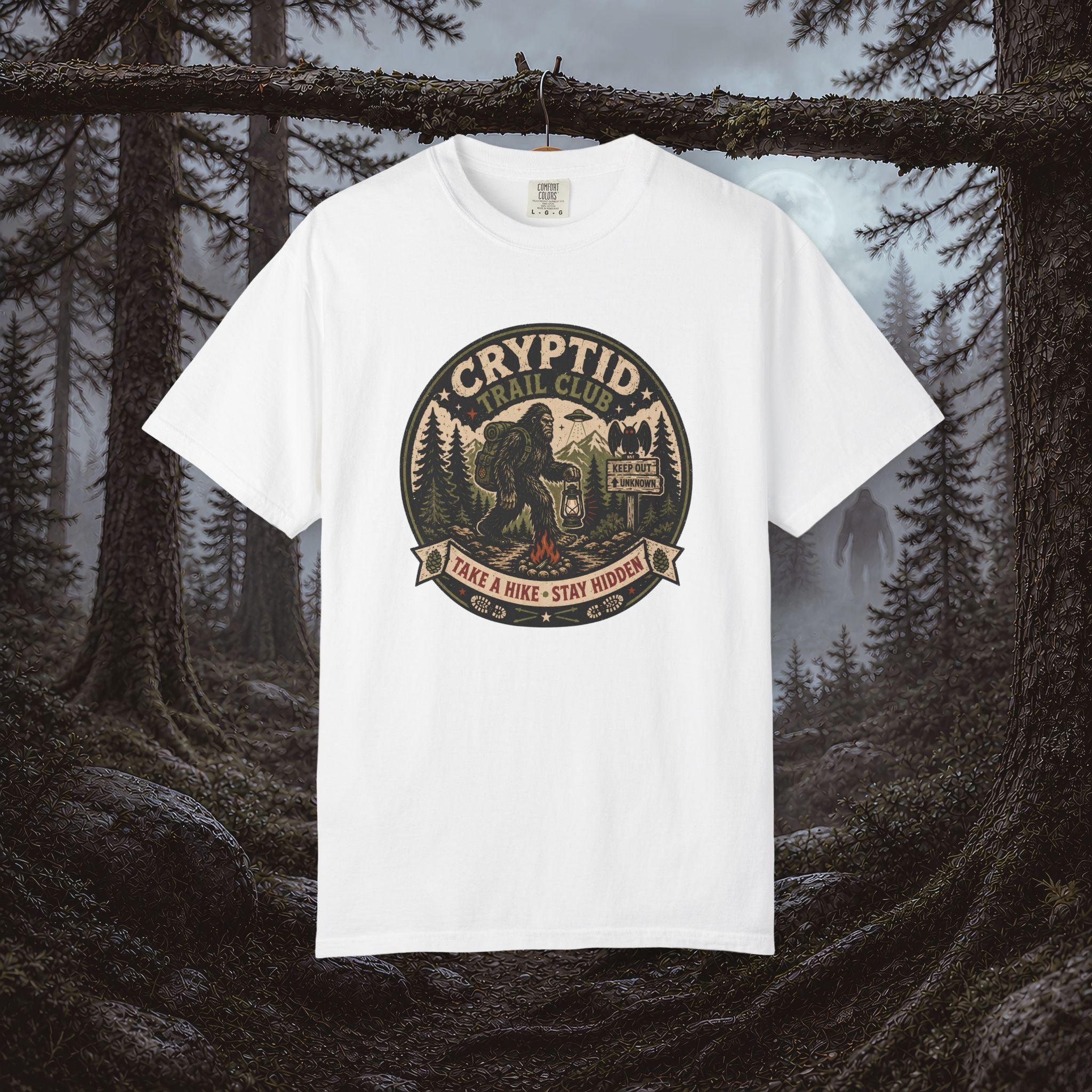 Cryptid Trail Club T-Shirt — "Take a Hike, Stay Hidden" Outdoor Sasquatch Tee
