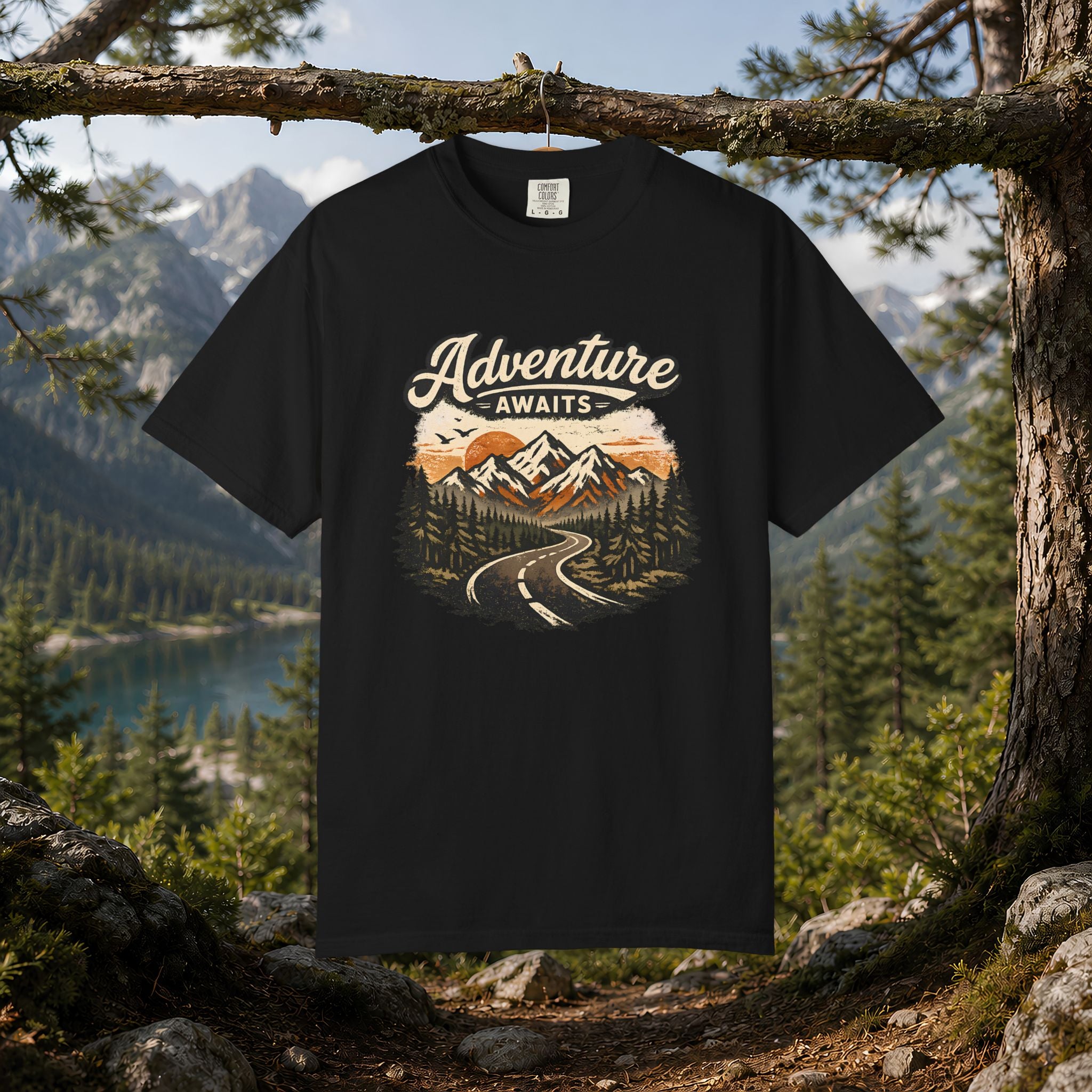 Adventure Awaits T-Shirt — Scenic Mountain Road Graphic Tee