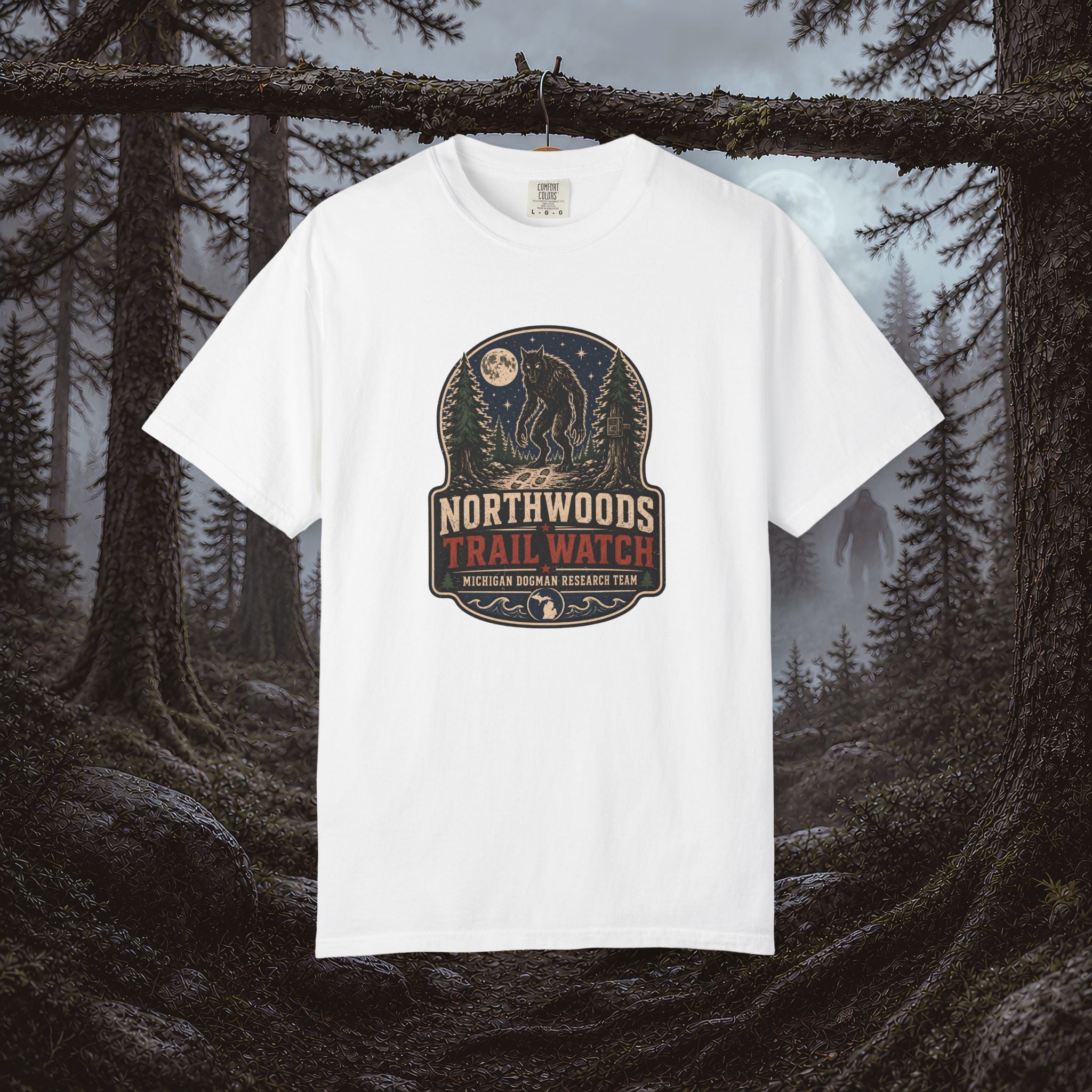 Michigan Dogman Patch T-Shirt — Retro Cryptid Trail Tee