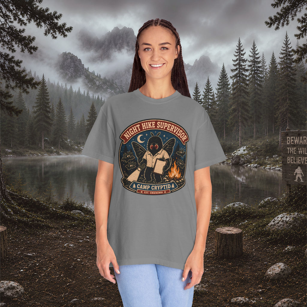 Night Hike Supervisor Mothman T‑Shirt — Camp Cryptid Retro Outdoor Badge