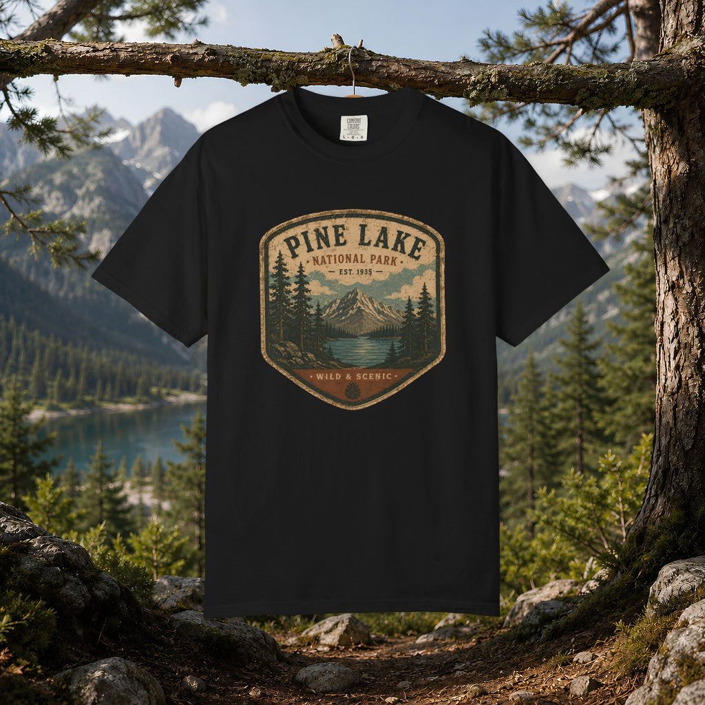 Pine Lake National Park Badge T-Shirt | Mountain Lake Forest Graphic