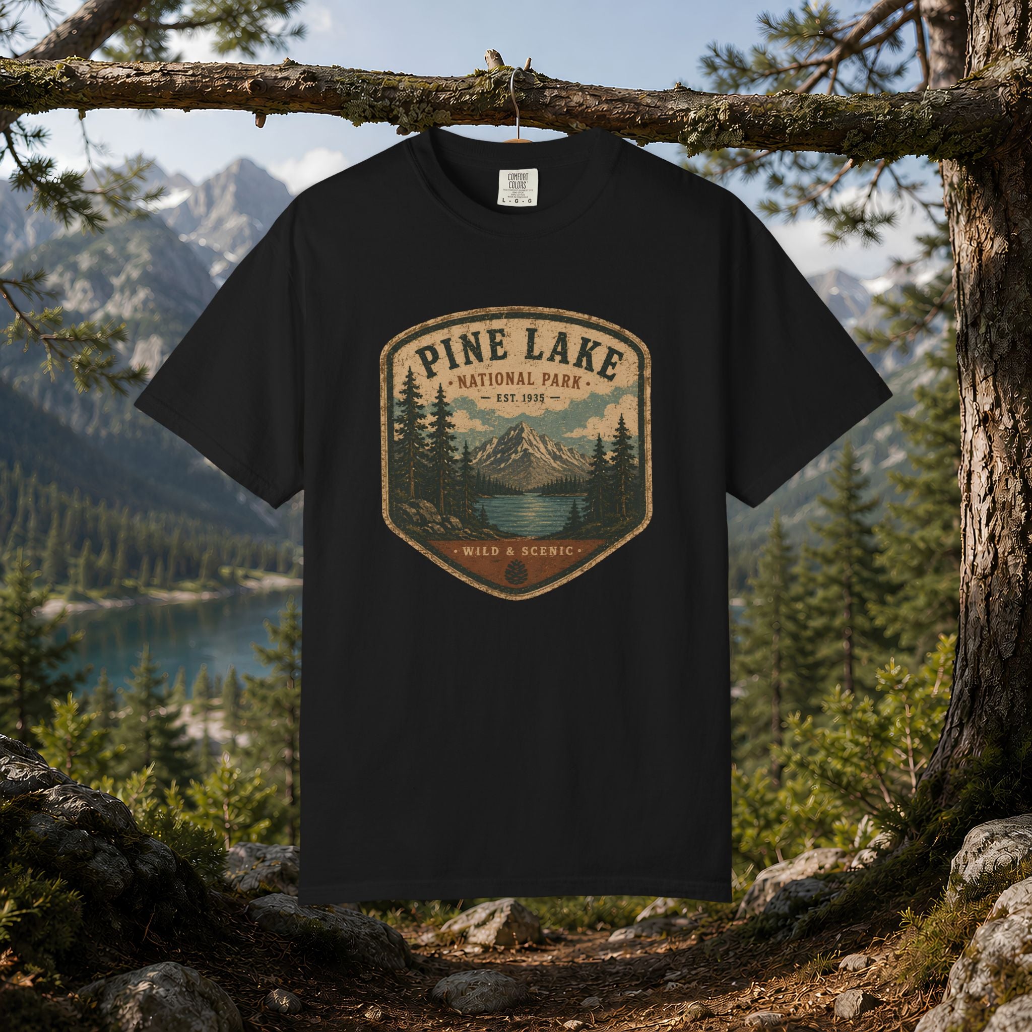 Pine Lake National Park Badge T-Shirt | Mountain Lake Forest Graphic