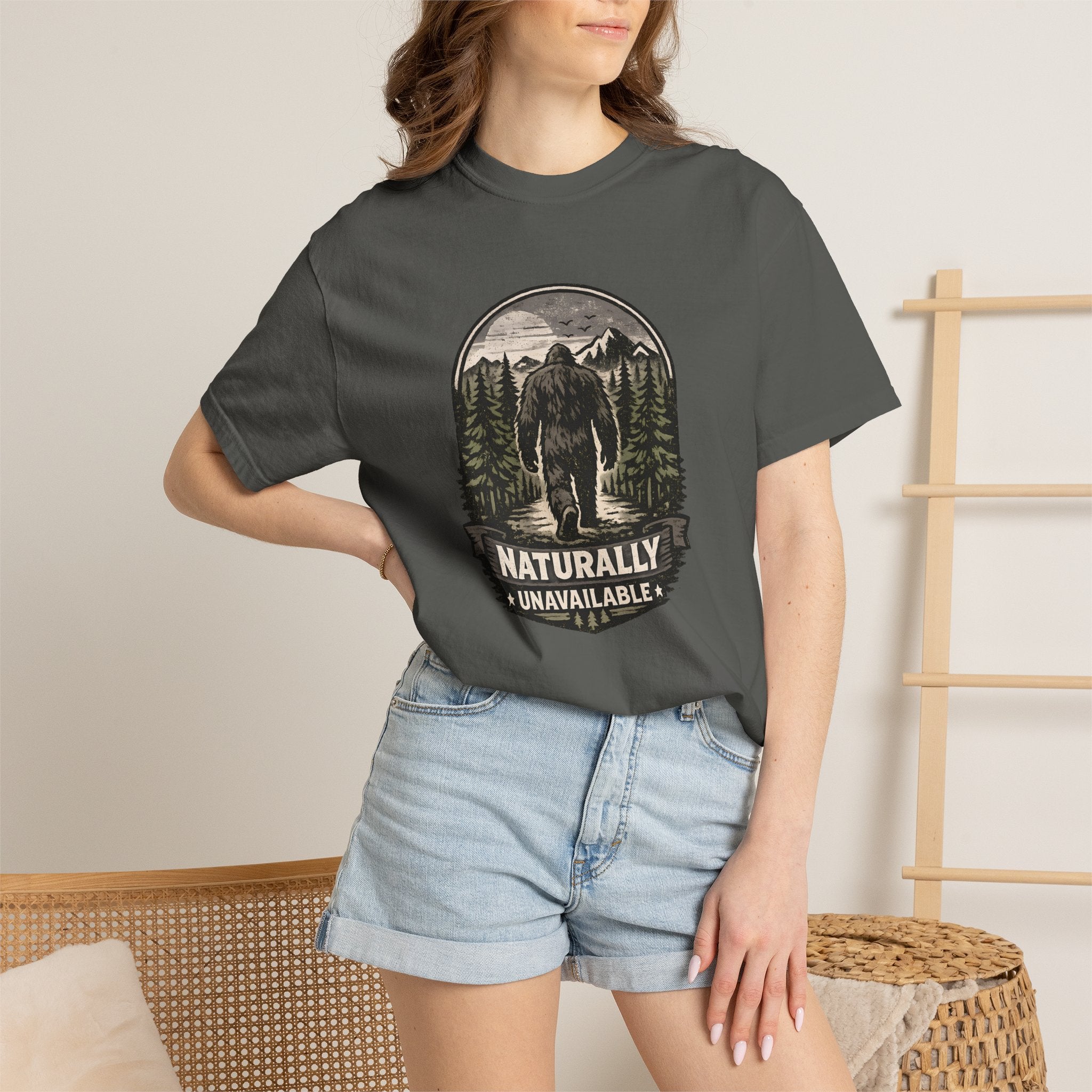 Bigfoot 'Naturally Unavailable' T-Shirt — Bigfoot Walking Into Forest Graphic