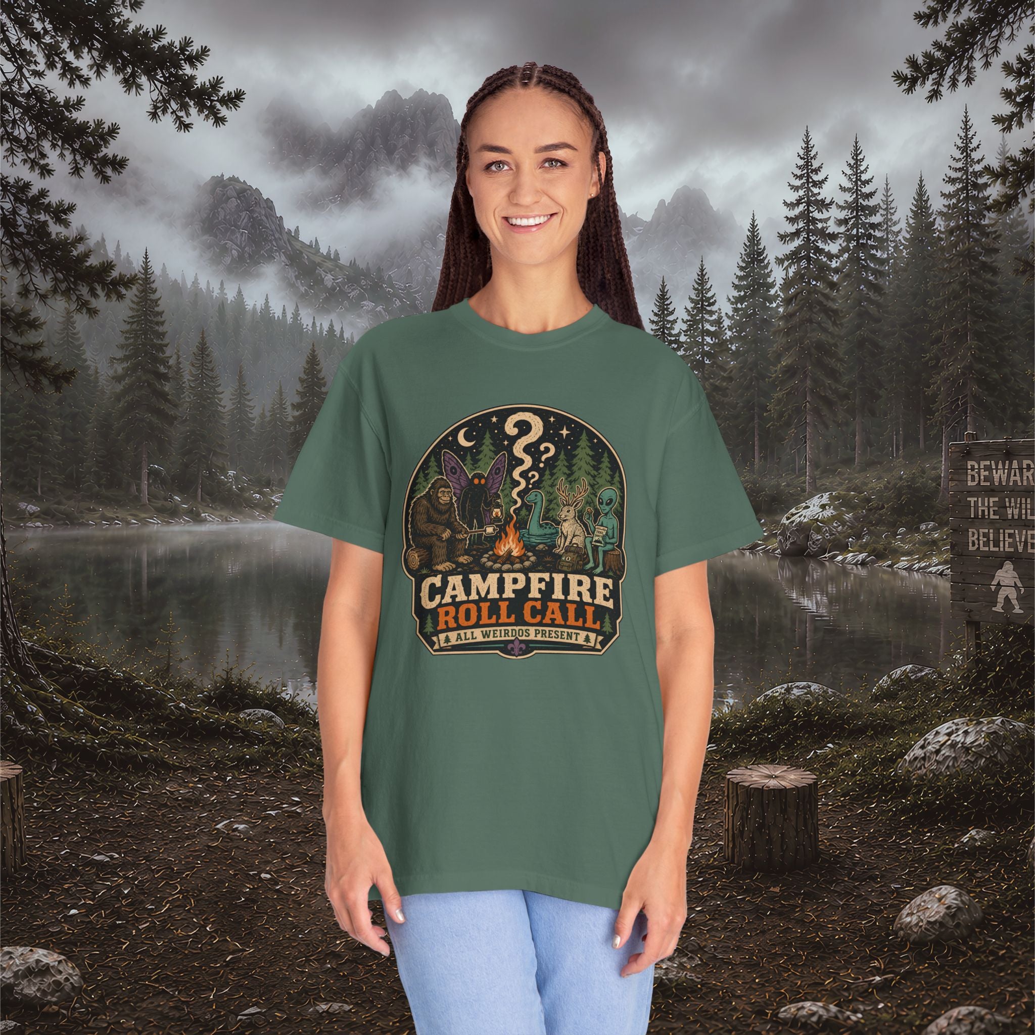 Campfire Cryptid Roll Call T-Shirt — Vintage Camping Patch Graphic