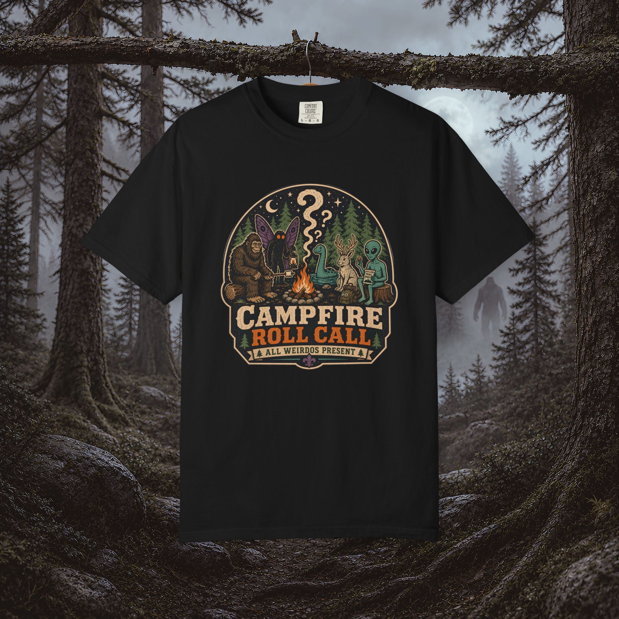 Campfire Cryptid Roll Call T-Shirt — Vintage Camping Patch Graphic