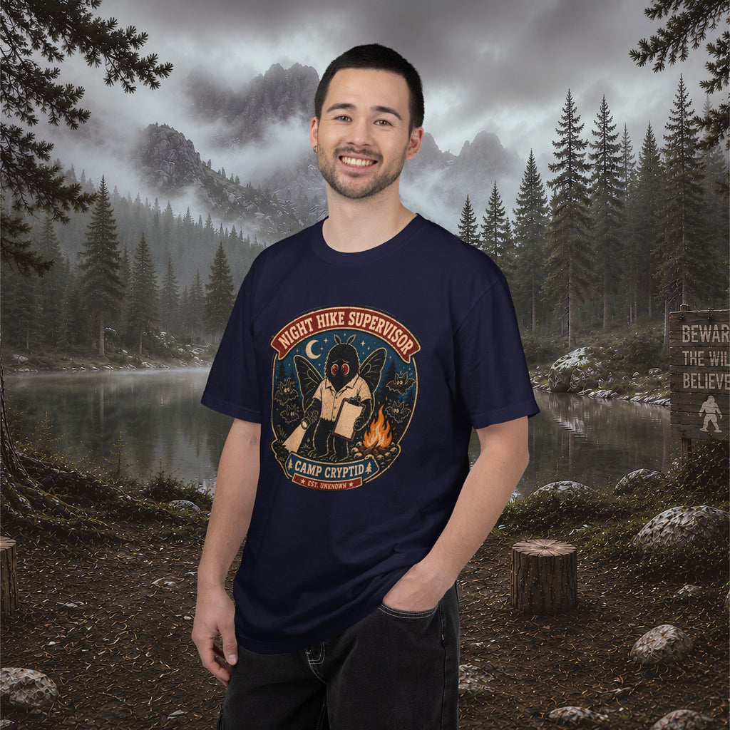 Night Hike Supervisor Mothman T‑Shirt — Camp Cryptid Retro Outdoor Badge