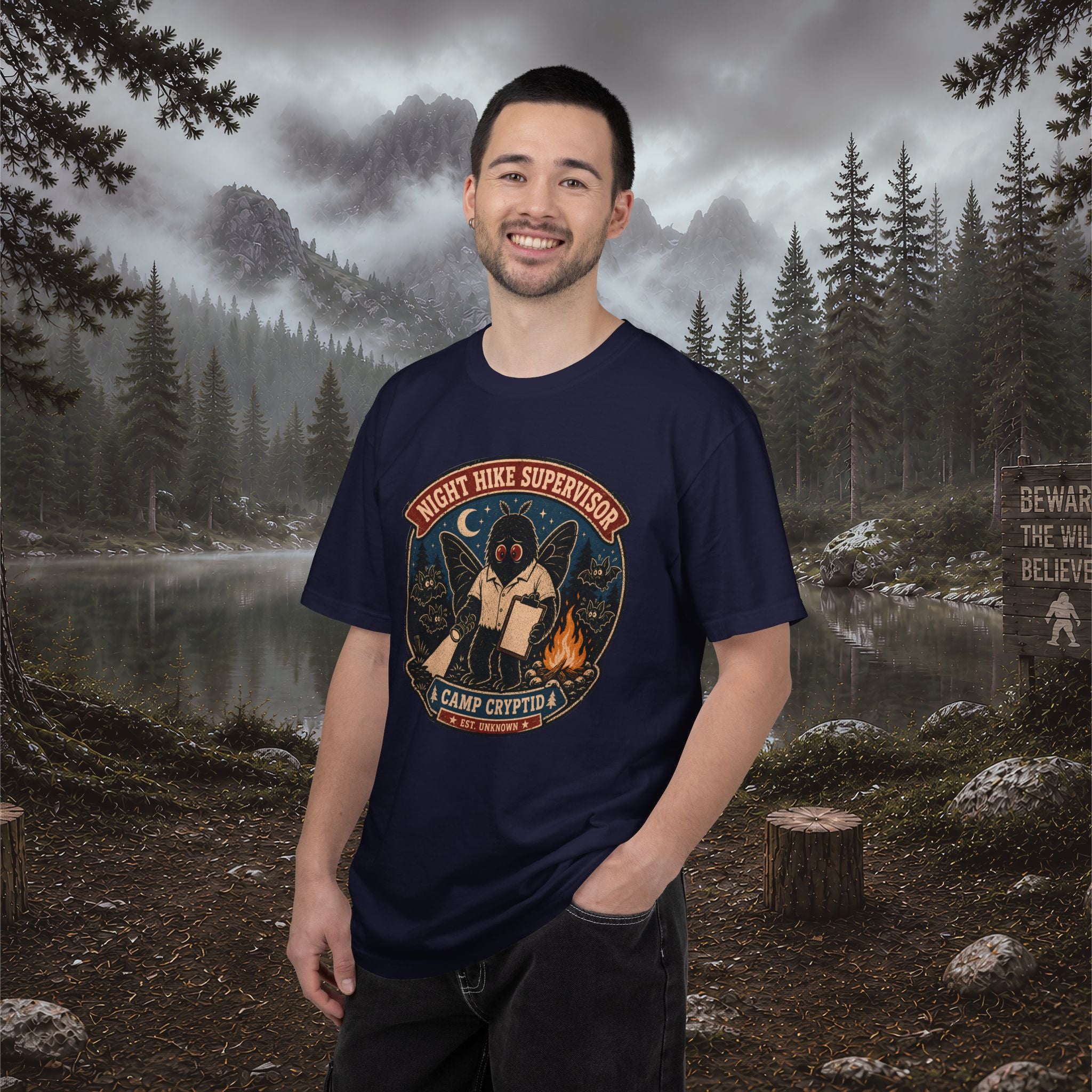 Night Hike Supervisor Mothman T‑Shirt — Camp Cryptid Retro Outdoor Badge