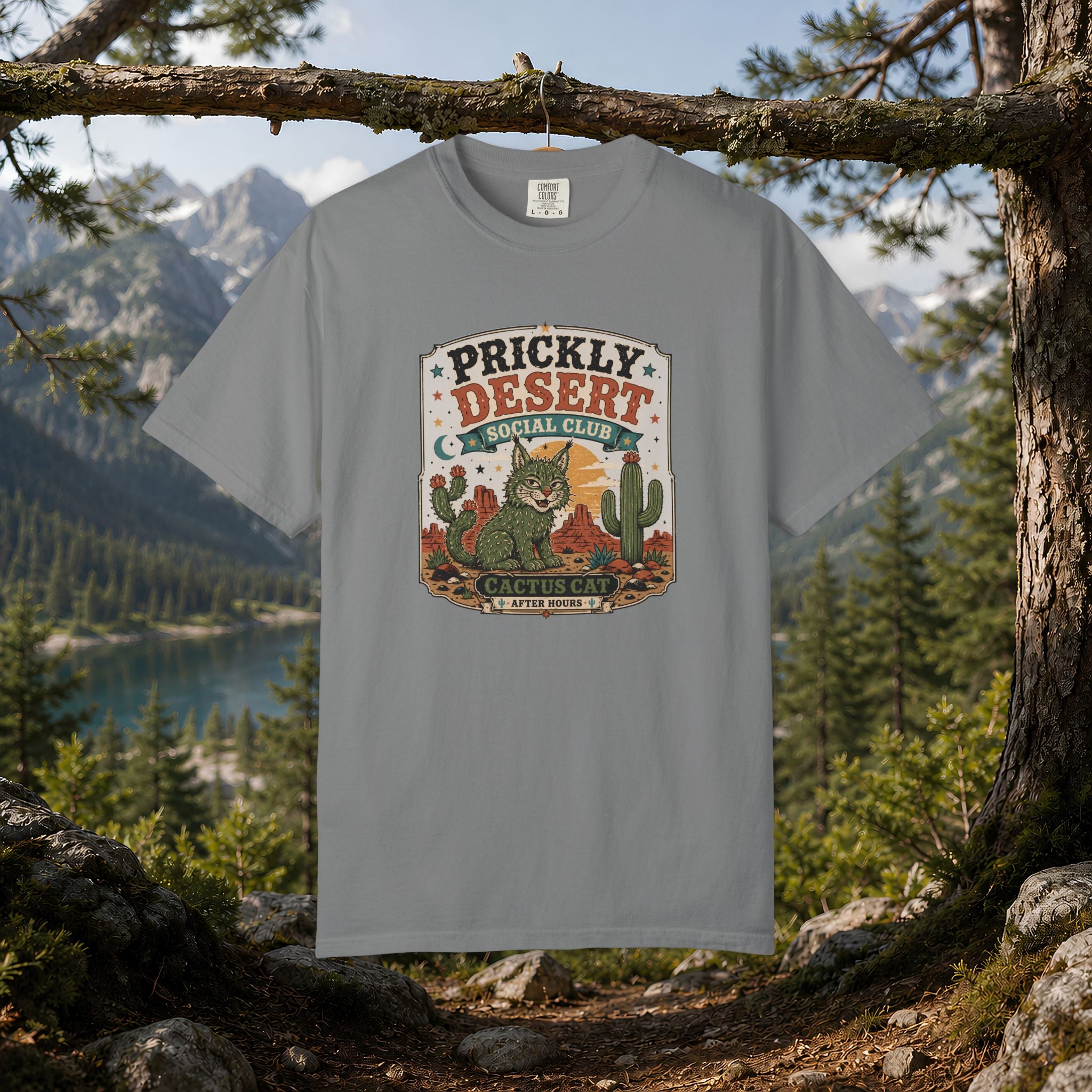 Cactus Cat Tee — Prickly Desert Social Club Retro Cactus Cat Graphic T-Shirt