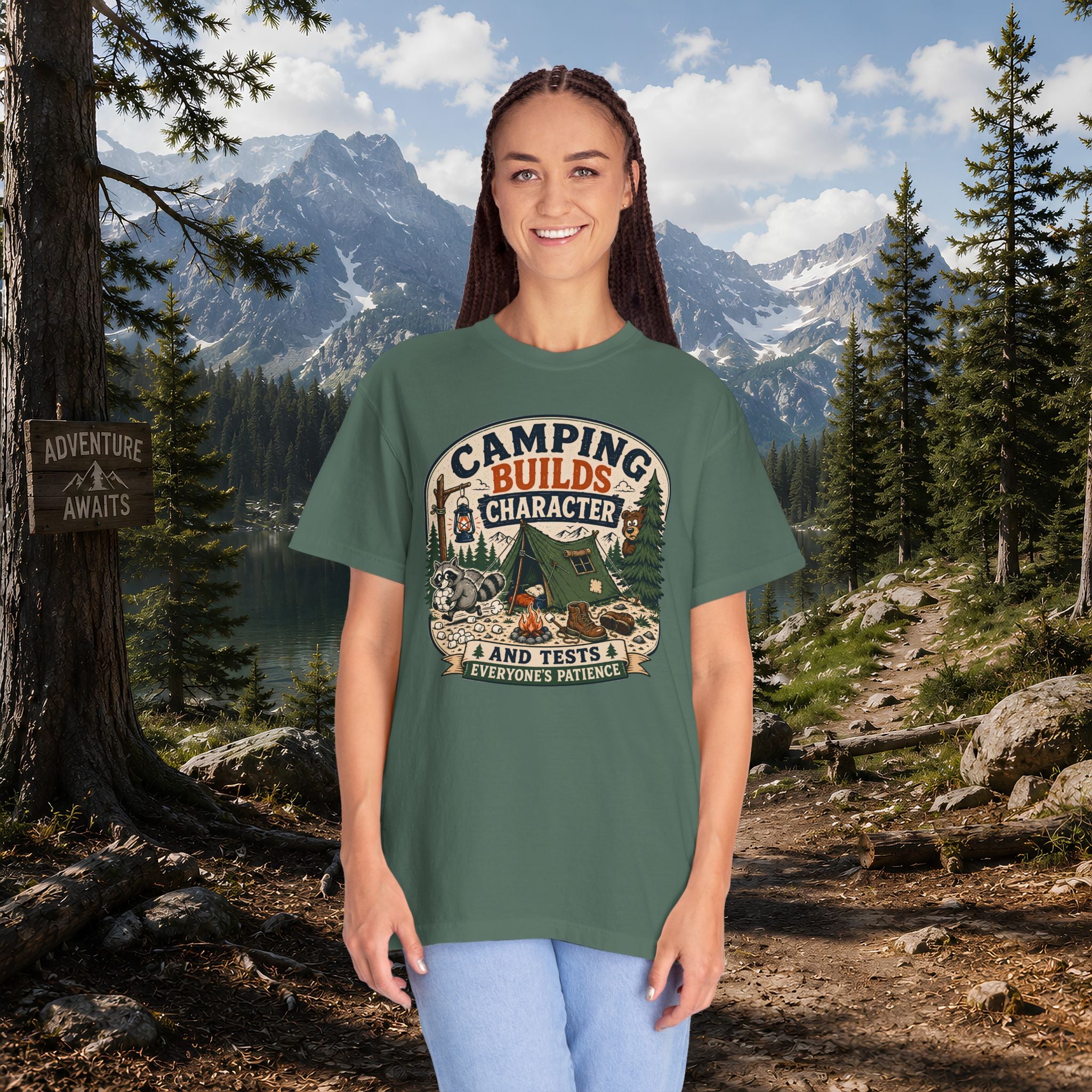 Camping Builds Character T-Shirt — Vintage Tent, Forest & Campfire Outdoor Tee