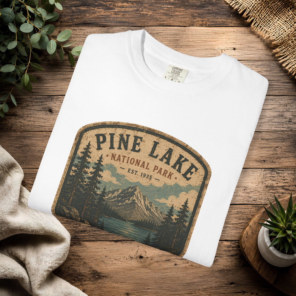 Pine Lake National Park Badge T-Shirt | Mountain Lake Forest Graphic