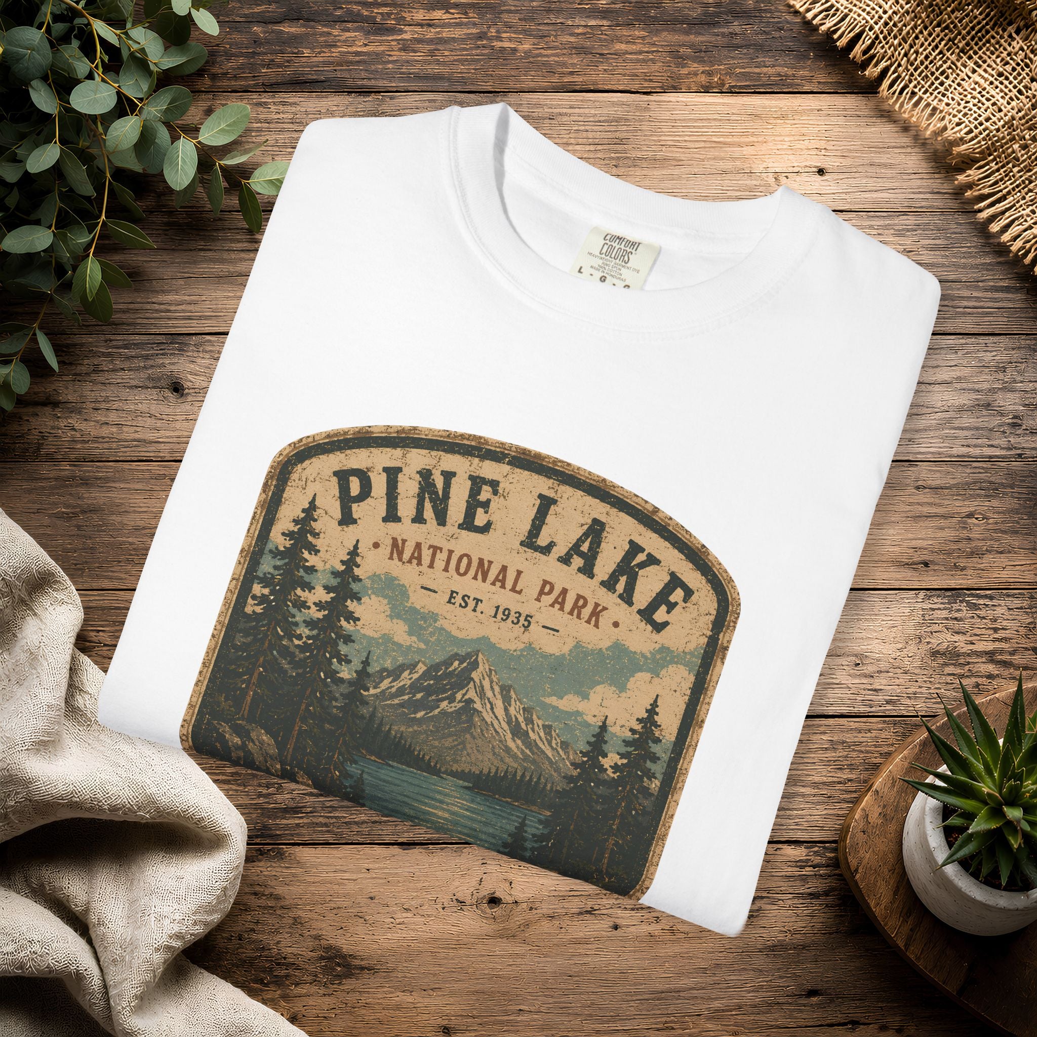 Pine Lake National Park Badge T-Shirt | Mountain Lake Forest Graphic
