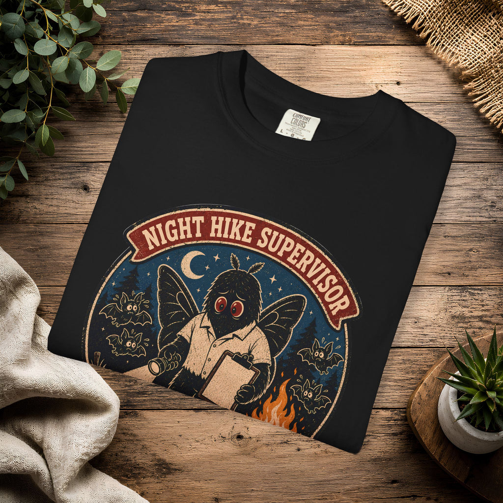 Night Hike Supervisor Mothman T‑Shirt — Camp Cryptid Retro Outdoor Badge