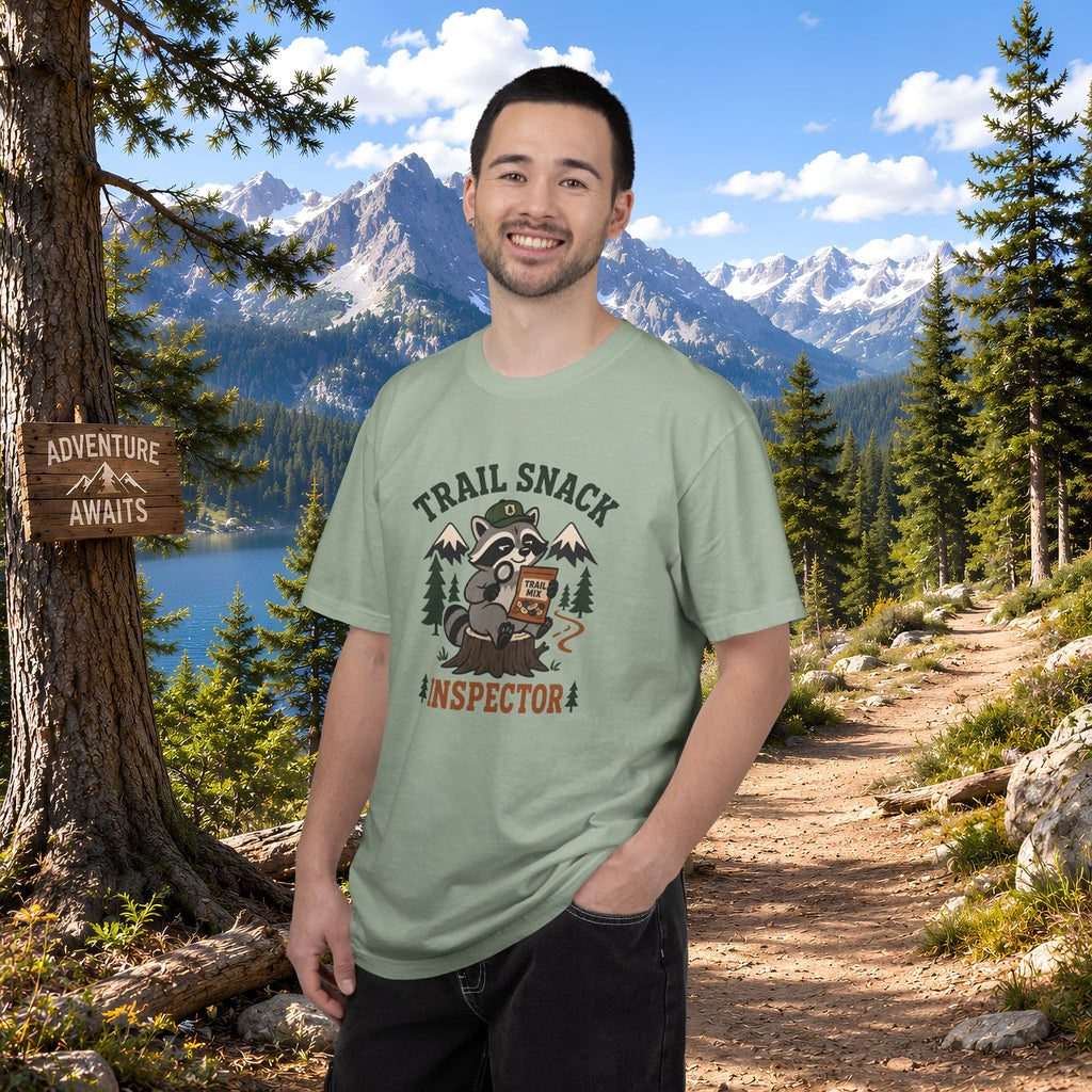 Trail Snack Inspector T-Shirt — Cute Raccoon Hiking Graphic Tee for Outdoor Lovers