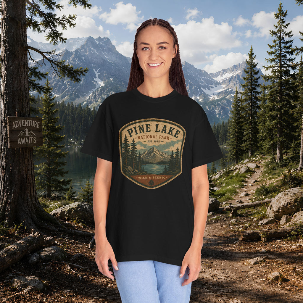 Pine Lake National Park Badge T-Shirt | Mountain Lake Forest Graphic