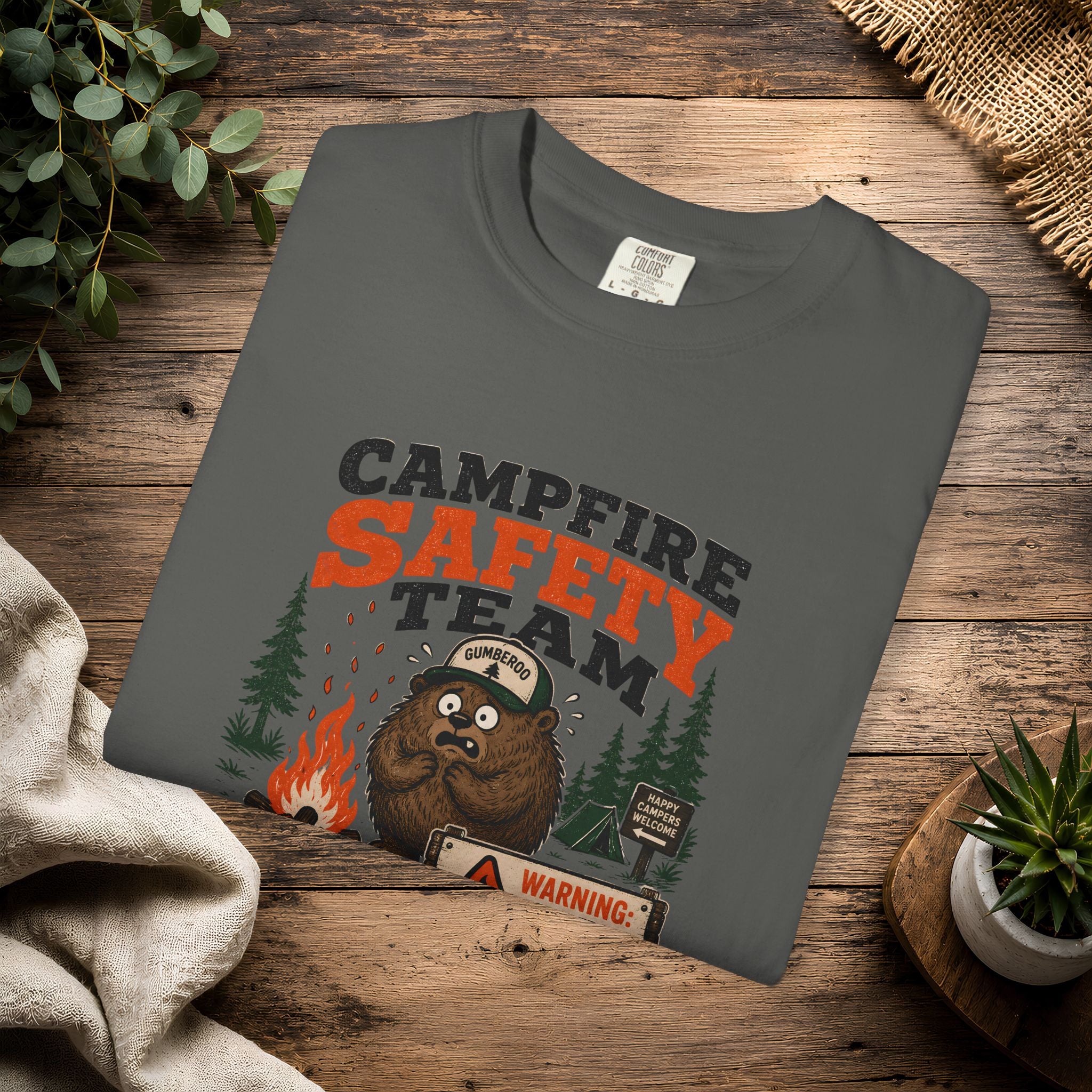 Gumberoo Campfire Safety Tee — Bear Cryptid Patch Graphic