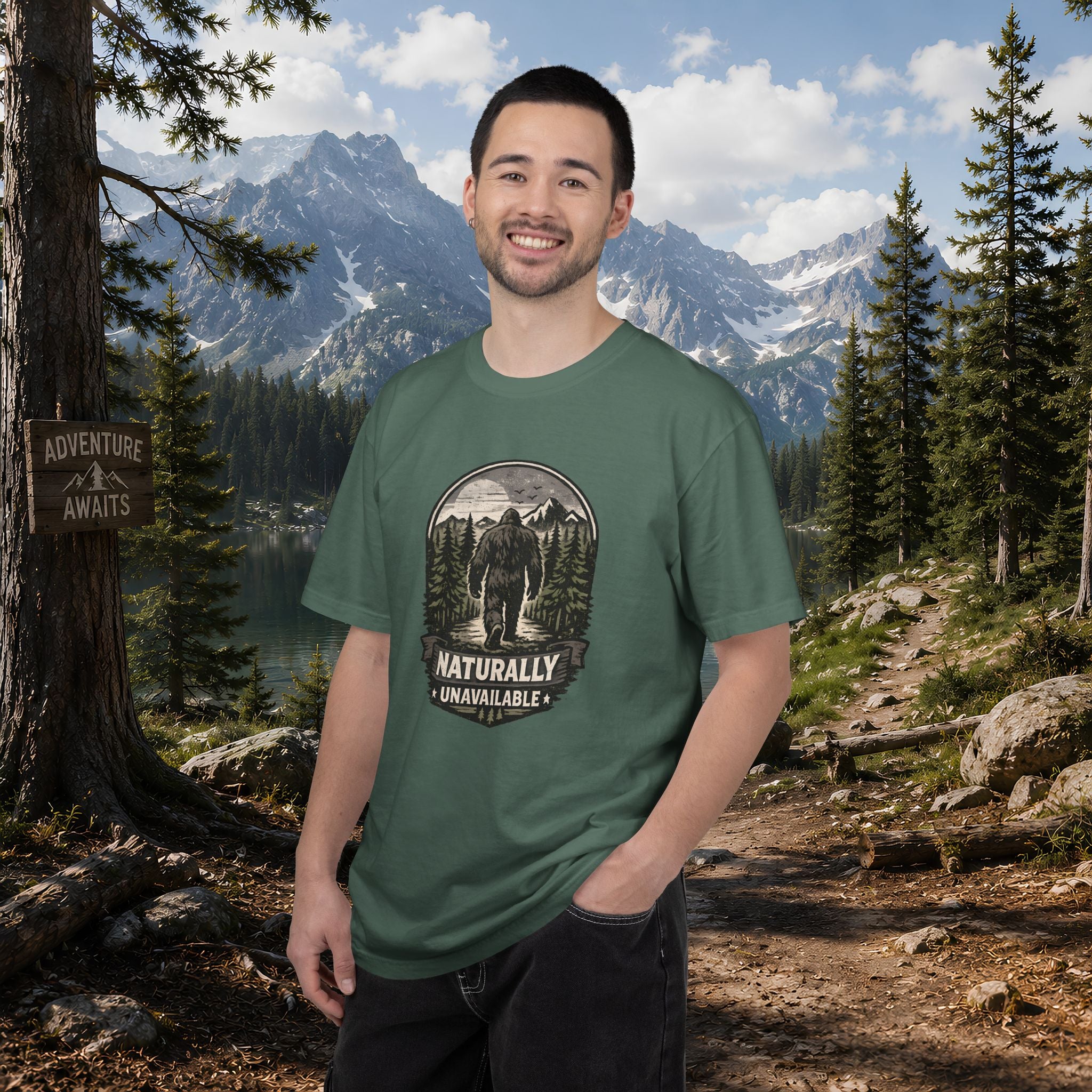 Bigfoot 'Naturally Unavailable' T-Shirt — Bigfoot Walking Into Forest Graphic