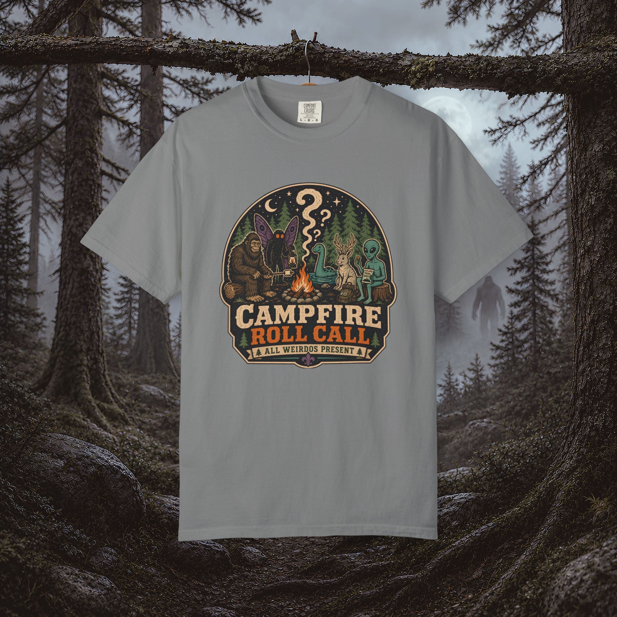 Campfire Cryptid Roll Call T-Shirt — Vintage Camping Patch Graphic