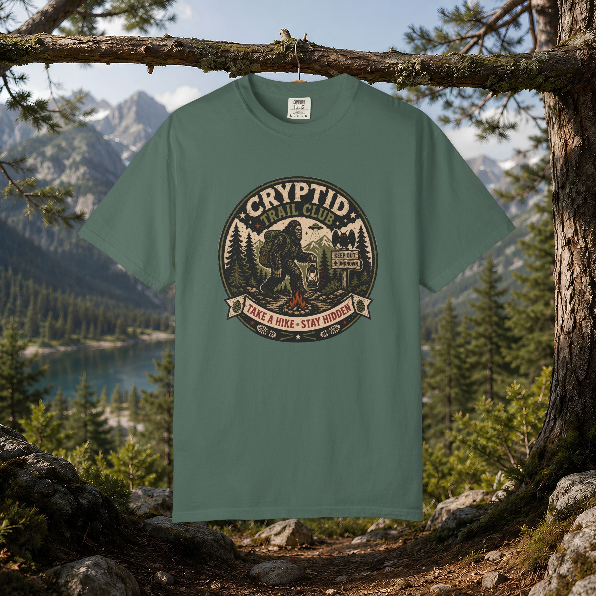 Cryptid Trail Club T-Shirt — "Take a Hike, Stay Hidden" Outdoor Sasquatch Tee