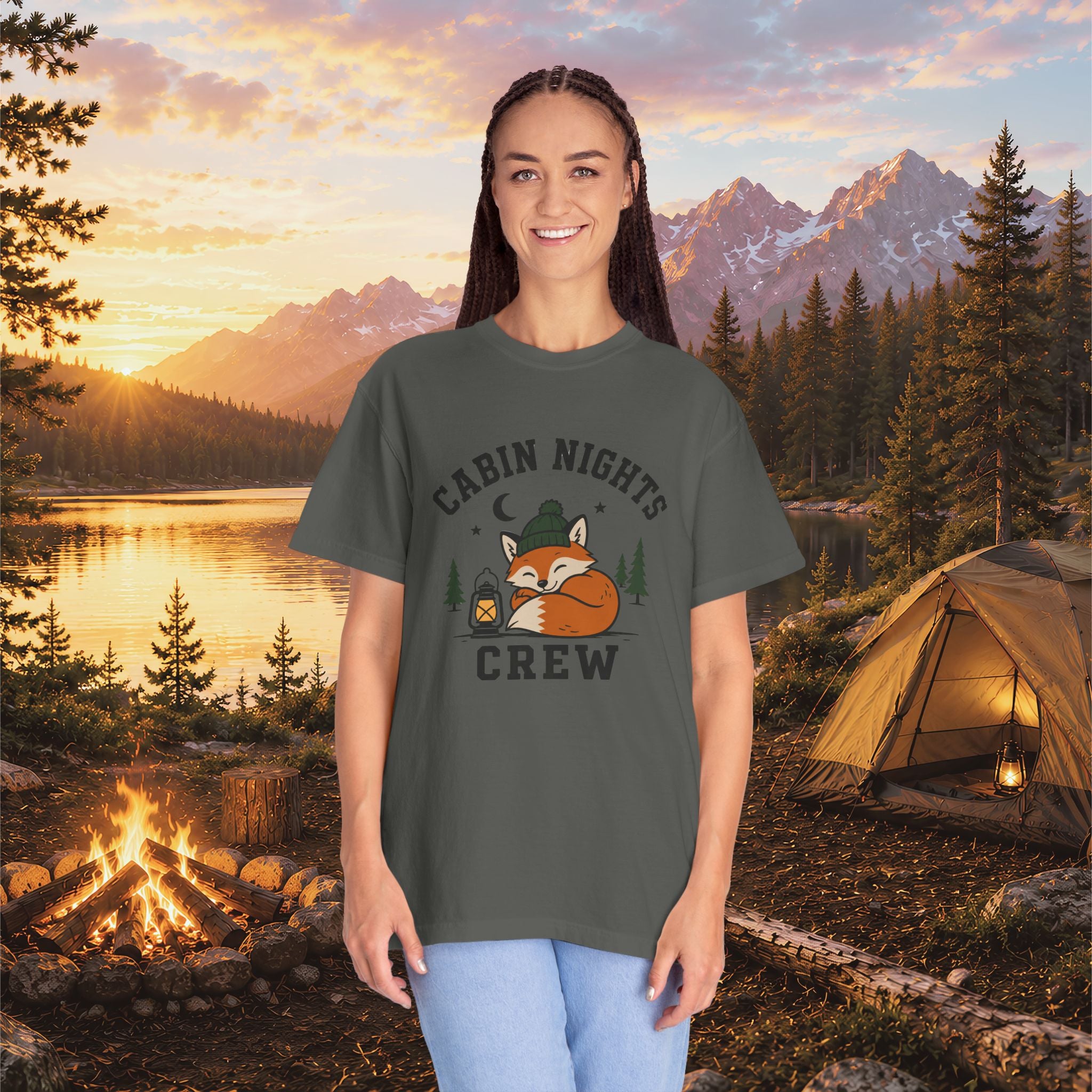 Cabin Nights Crew T-Shirt — Cozy Fox Camping Tee