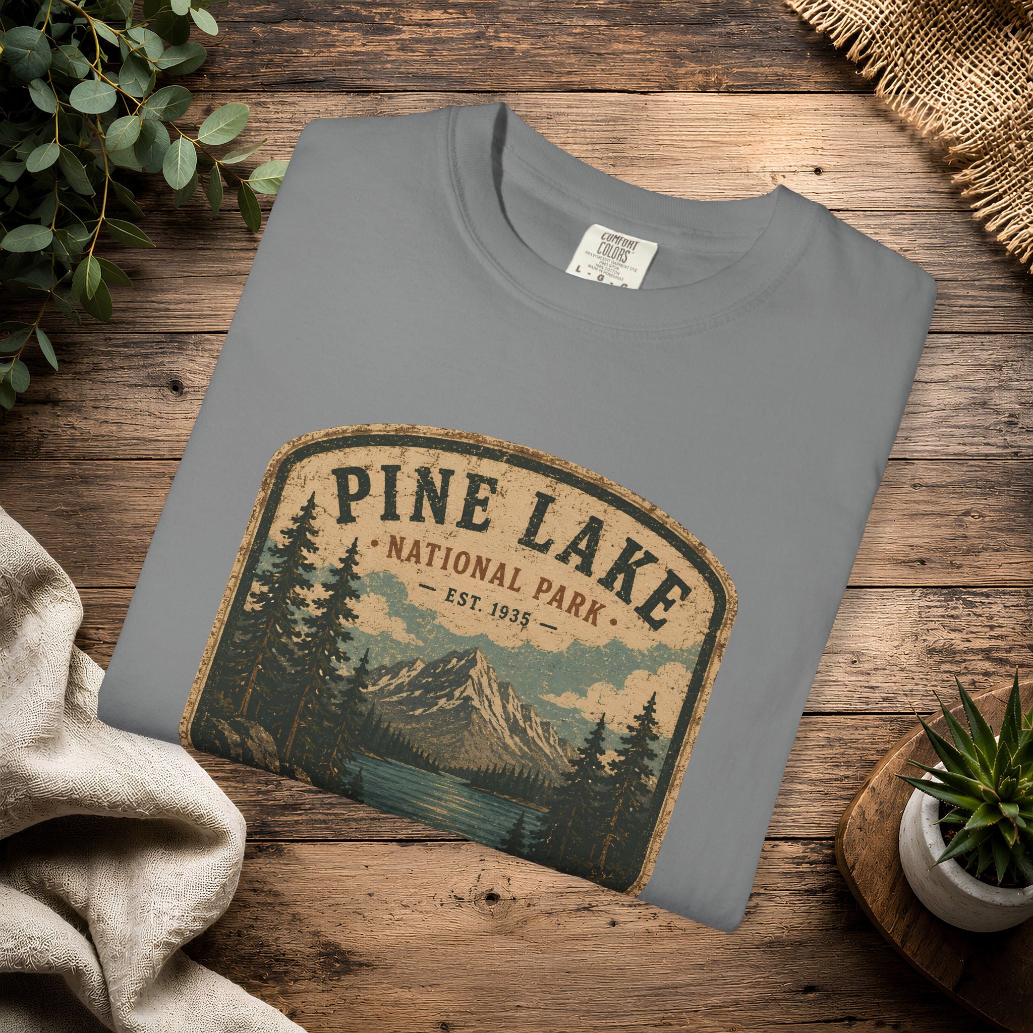Pine Lake National Park Badge T-Shirt | Mountain Lake Forest Graphic