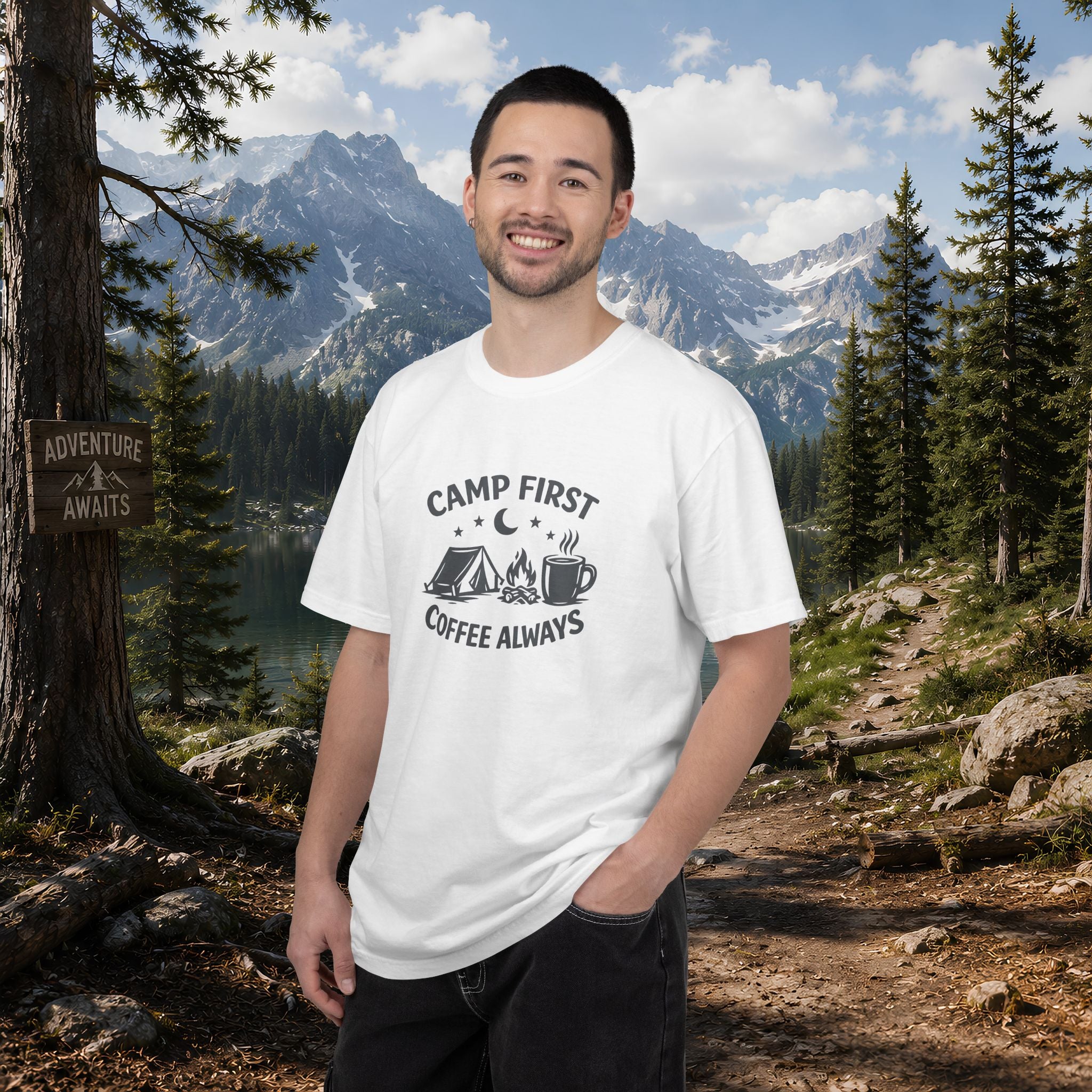 Camping T-Shirt — “Camp First, Coffee Always” Adventure Tee
