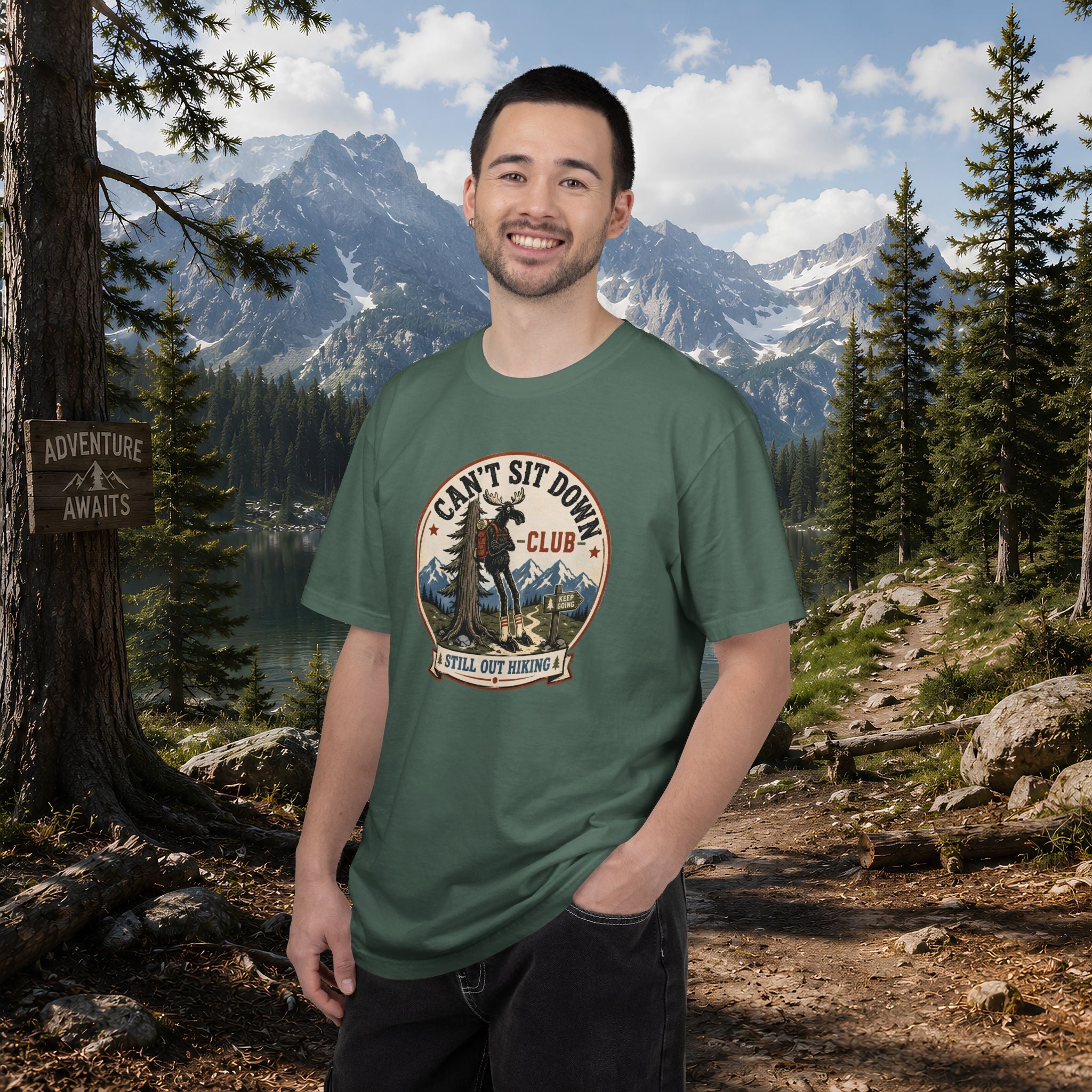 Hugag Hiking Tee — "Can't Sit Down Club" Vintage Mountain Cryptid Shirt