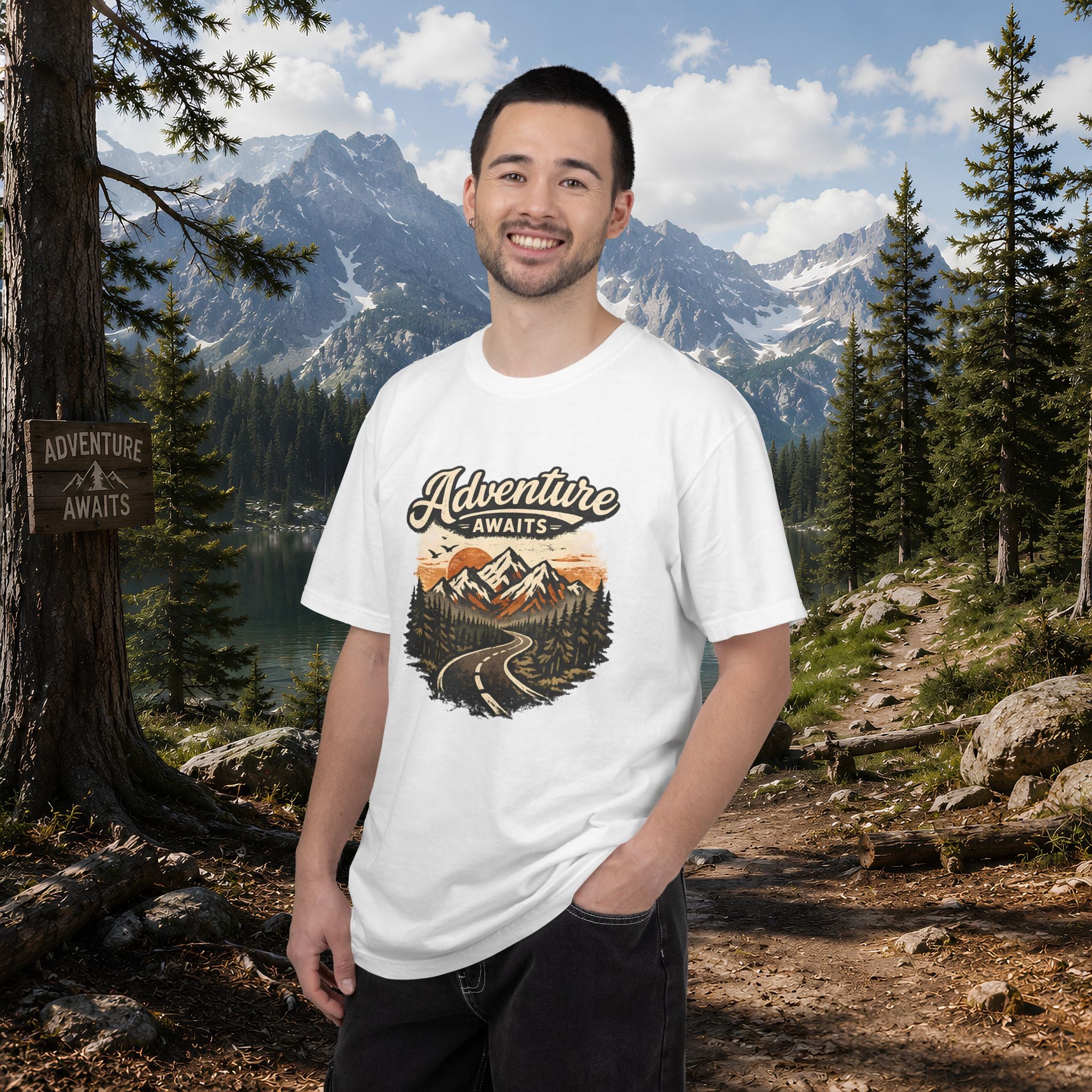 Adventure Awaits T-Shirt — Scenic Mountain Road Graphic Tee