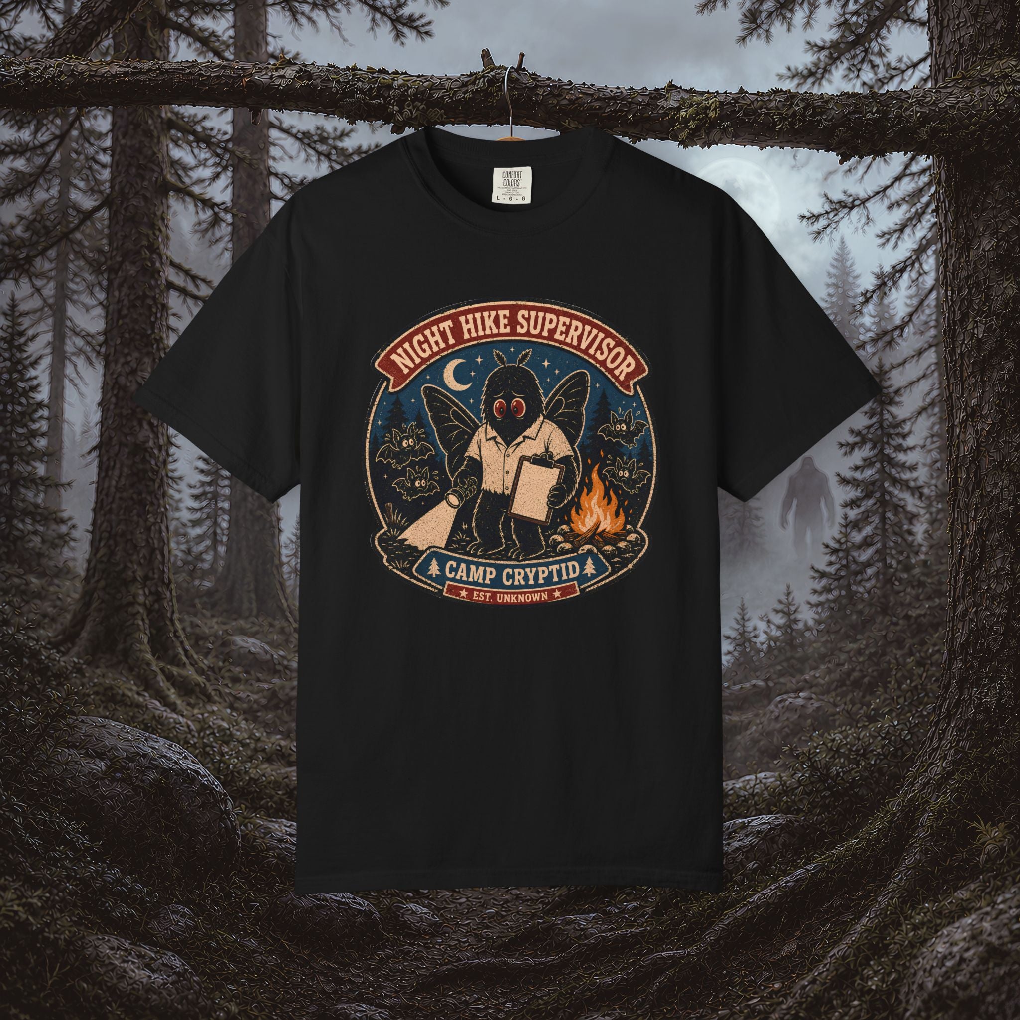 Night Hike Supervisor Mothman T‑Shirt — Camp Cryptid Retro Outdoor Badge