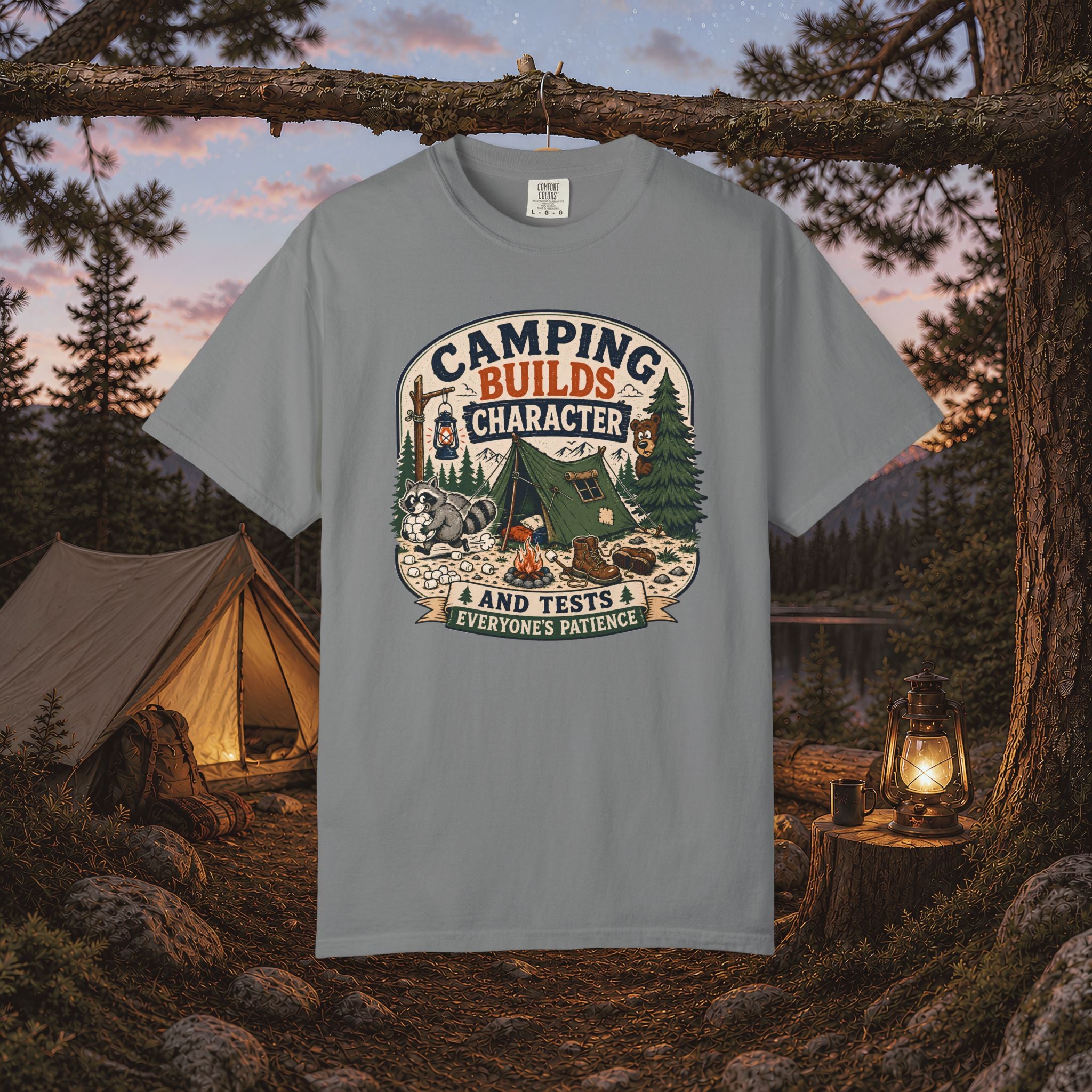 Camping Builds Character T-Shirt — Vintage Tent, Forest & Campfire Outdoor Tee