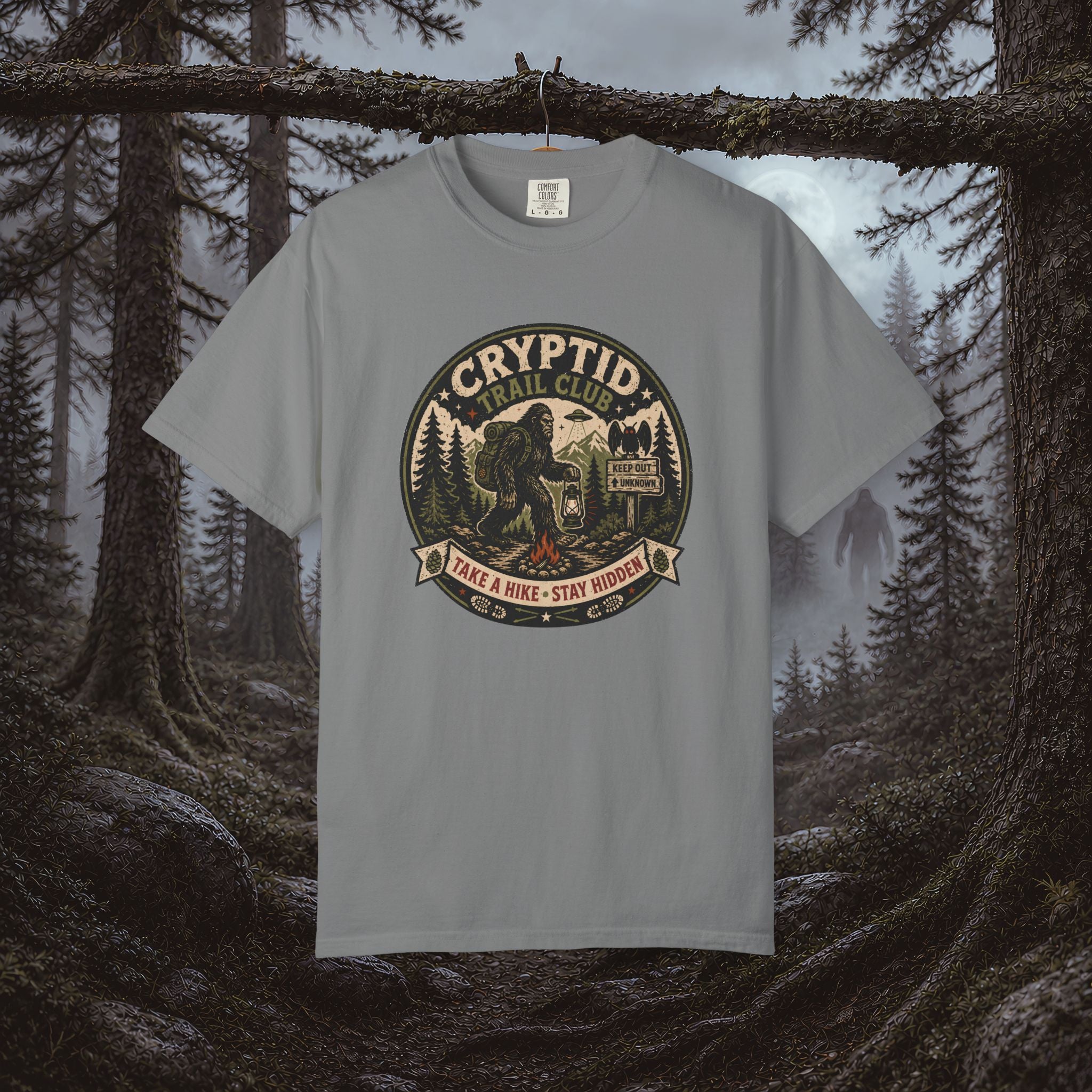Cryptid Trail Club T-Shirt — "Take a Hike, Stay Hidden" Outdoor Sasquatch Tee
