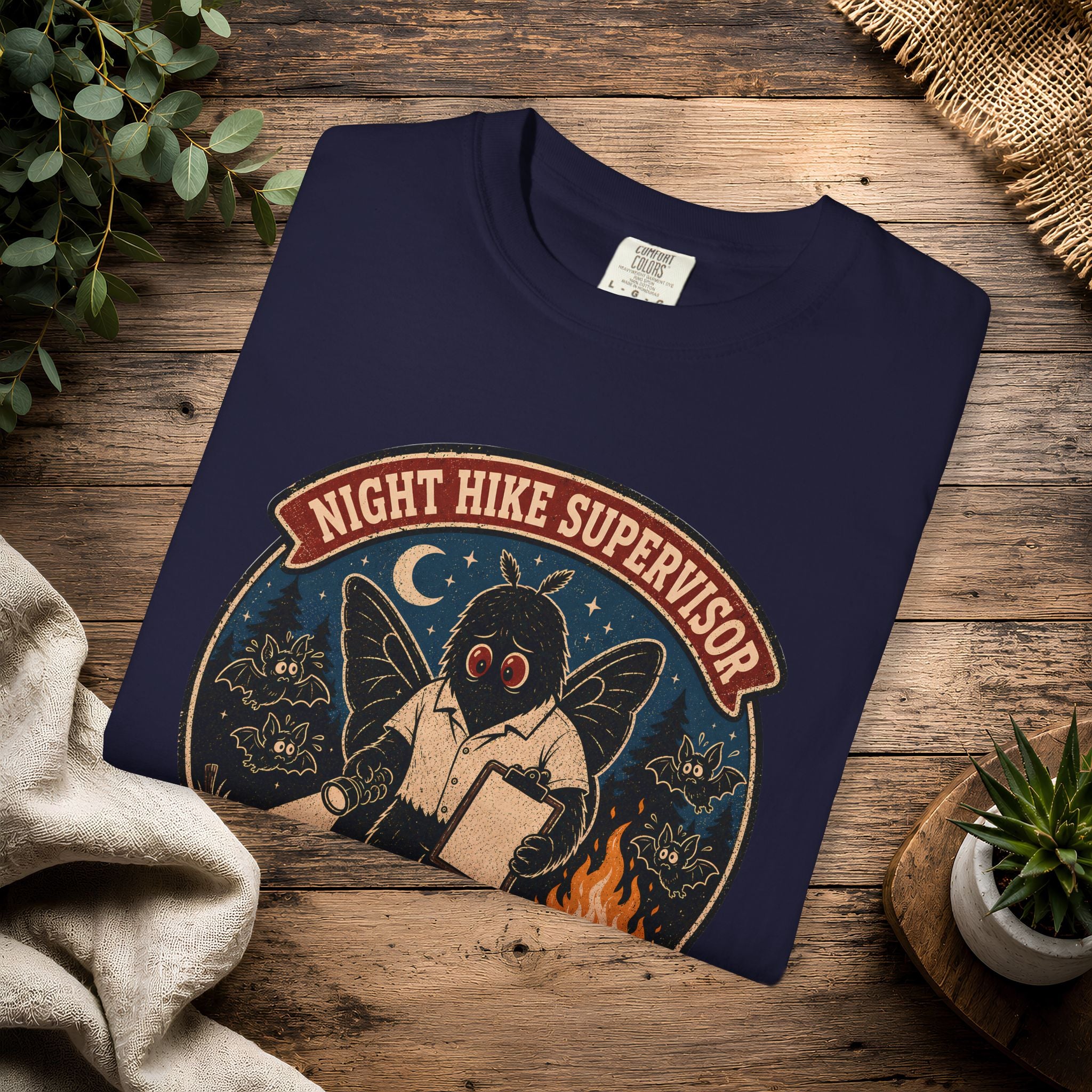 Night Hike Supervisor Mothman T‑Shirt — Camp Cryptid Retro Outdoor Badge