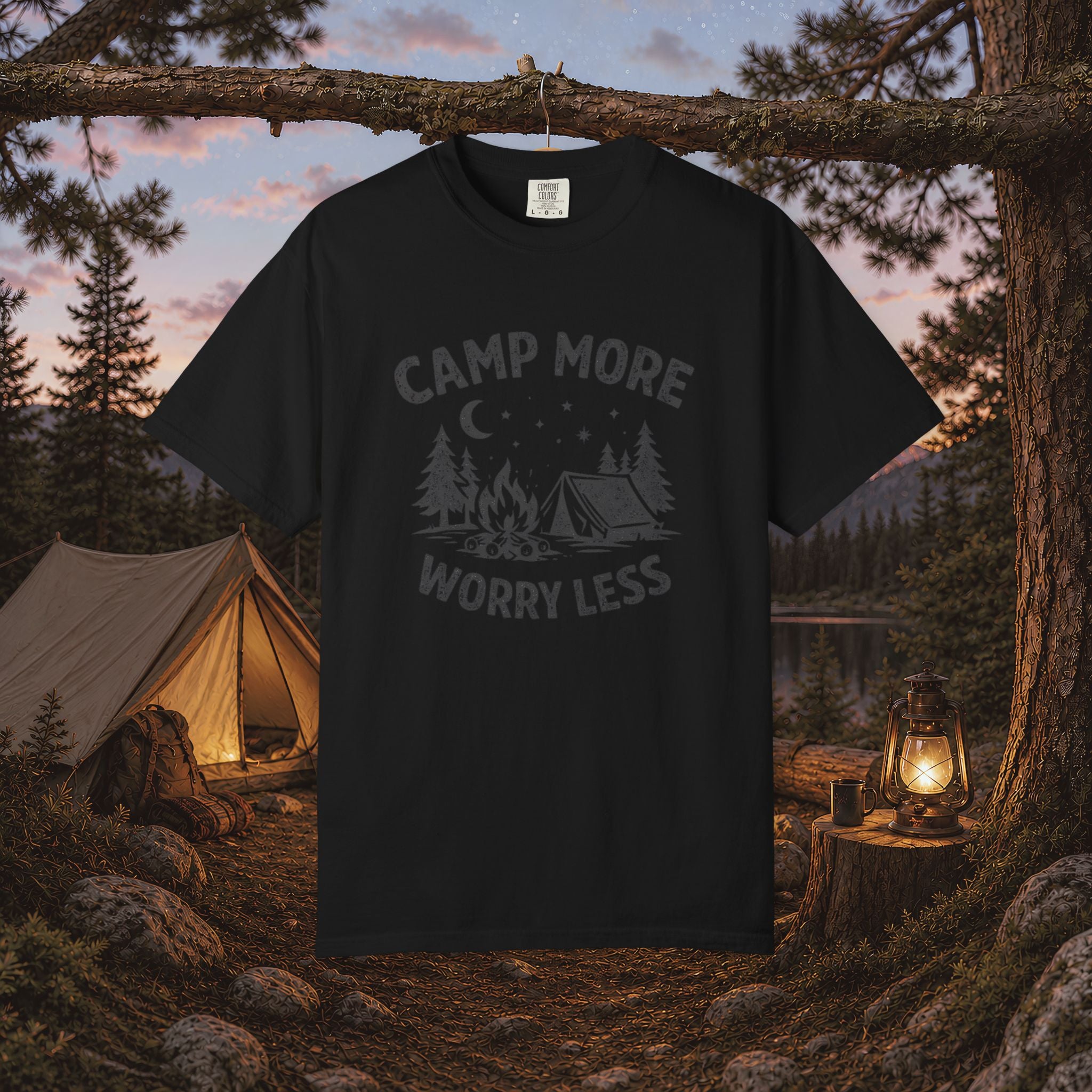 Camp More Worry Less T-Shirt - Camping Enthusiast Tee