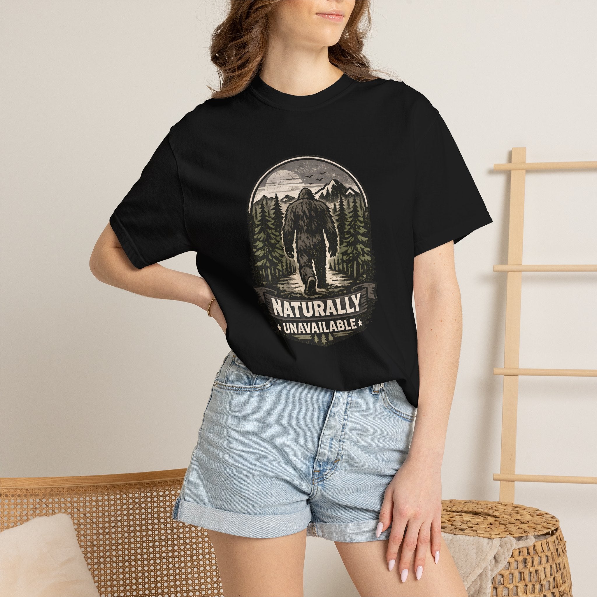 Bigfoot 'Naturally Unavailable' T-Shirt — Bigfoot Walking Into Forest Graphic