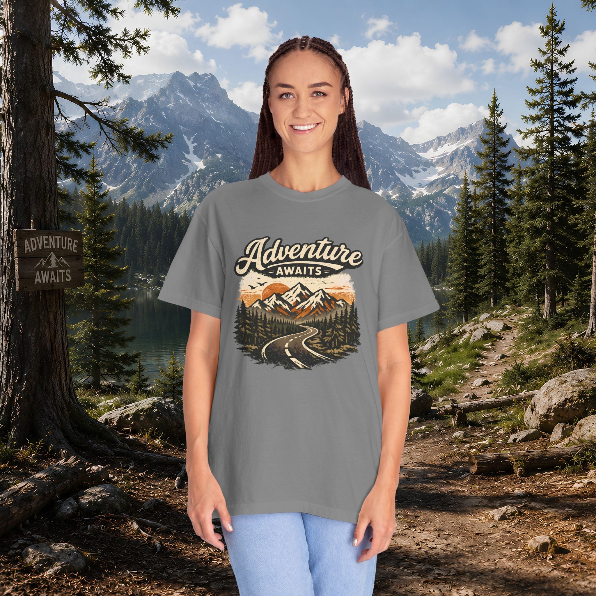 Adventure Awaits T-Shirt — Scenic Mountain Road Graphic Tee