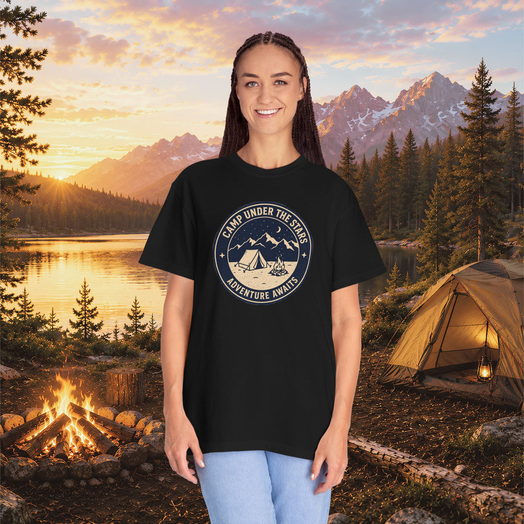 Mountain Camping Circle Art T-shirt | Tent Campfire Outdoors Tee