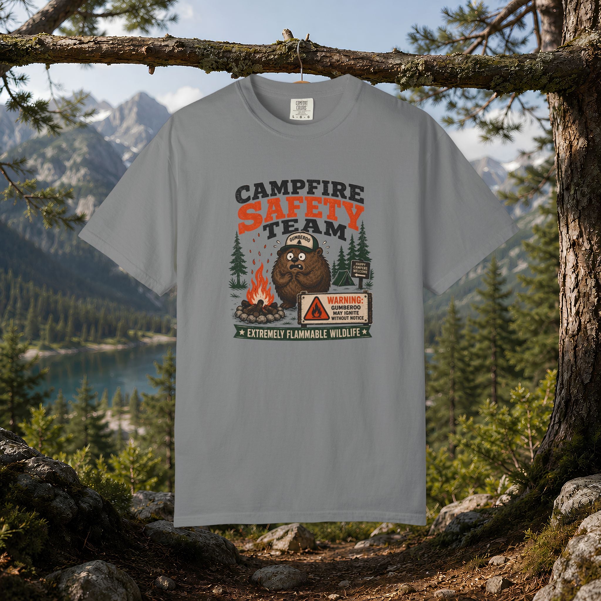 Gumberoo Campfire Safety Tee — Bear Cryptid Patch Graphic