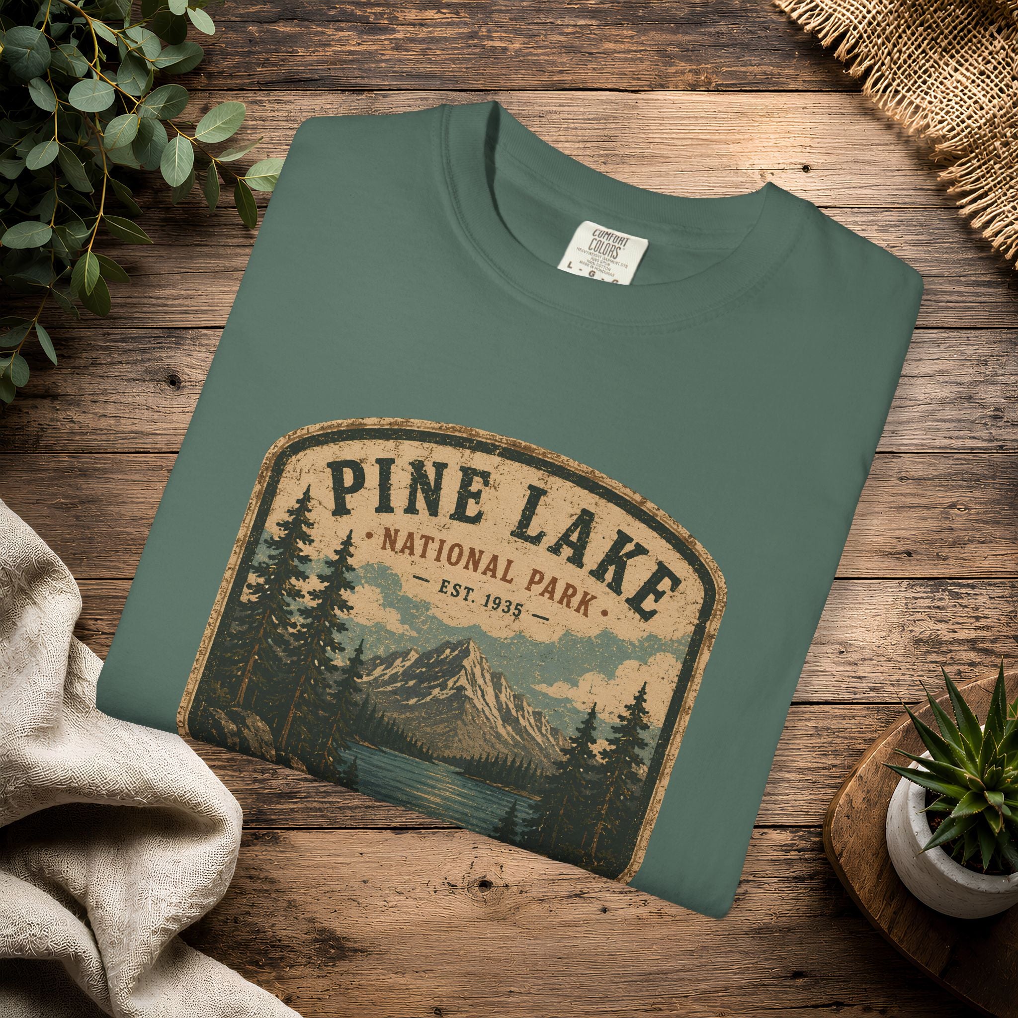 Pine Lake National Park Badge T-Shirt | Mountain Lake Forest Graphic