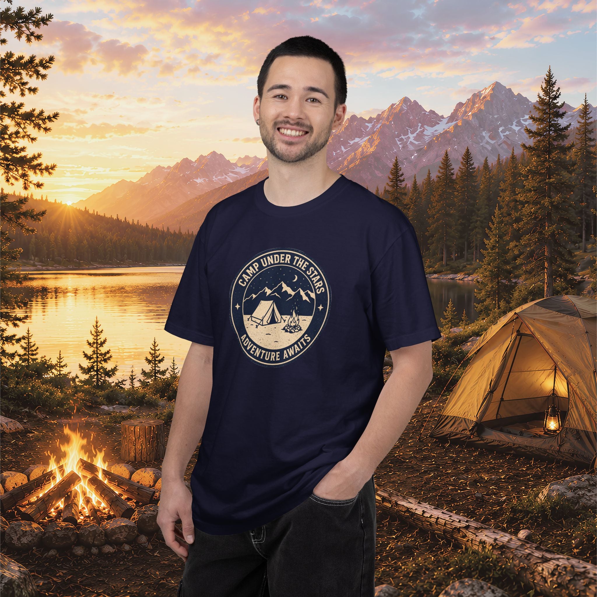Mountain Camping Circle Art T-shirt | Tent Campfire Outdoors Tee