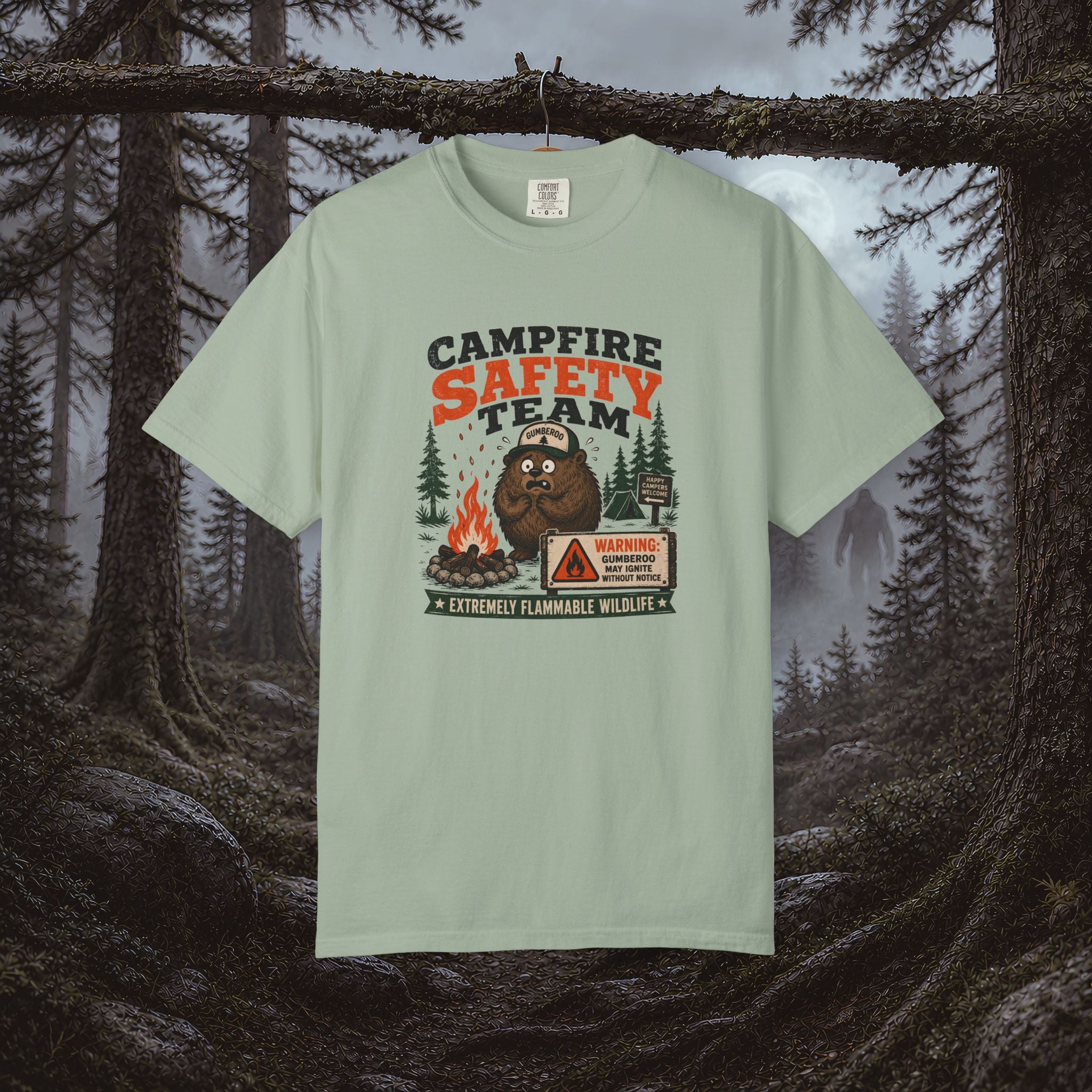 Gumberoo Campfire Safety Tee — Bear Cryptid Patch Graphic
