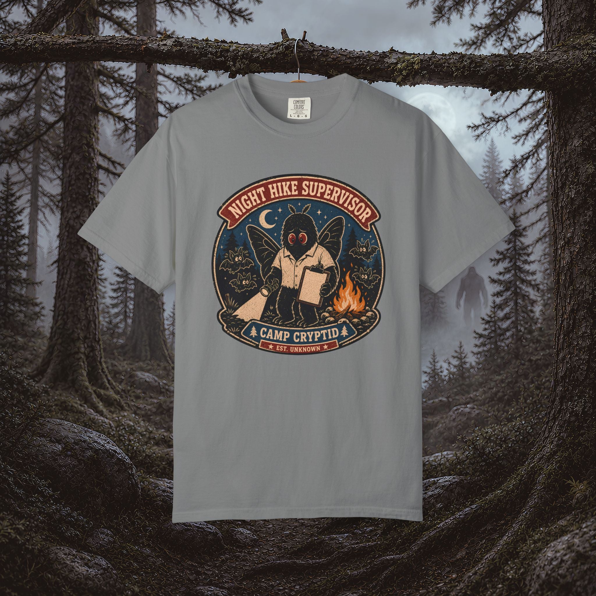 Night Hike Supervisor Mothman T‑Shirt — Camp Cryptid Retro Outdoor Badge