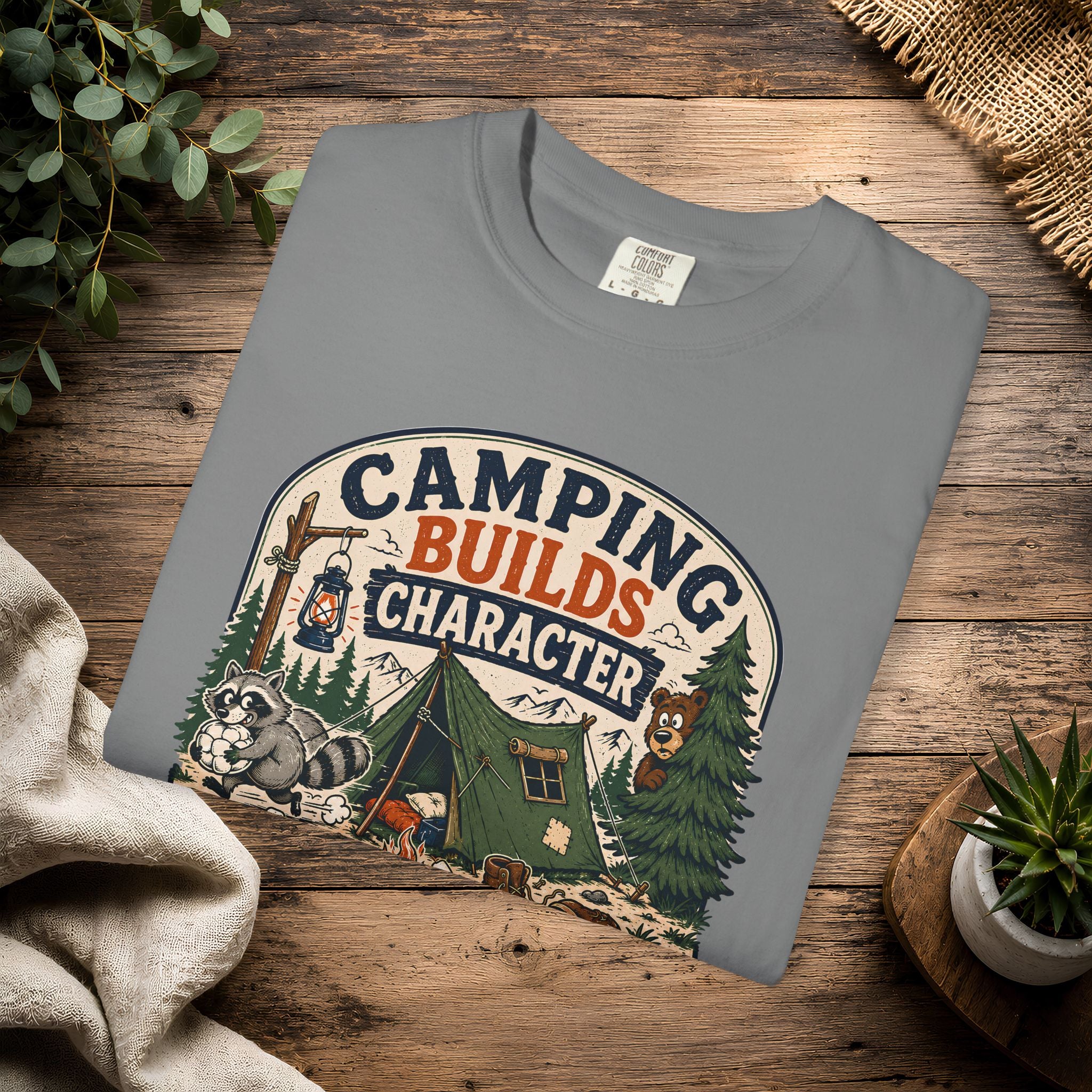 Camping Builds Character T-Shirt — Vintage Tent, Forest & Campfire Outdoor Tee