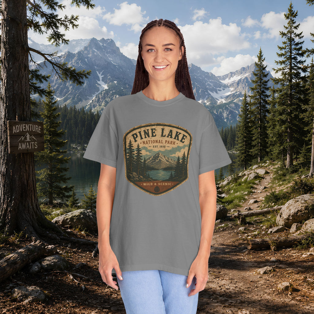 Pine Lake National Park Badge T-Shirt | Mountain Lake Forest Graphic