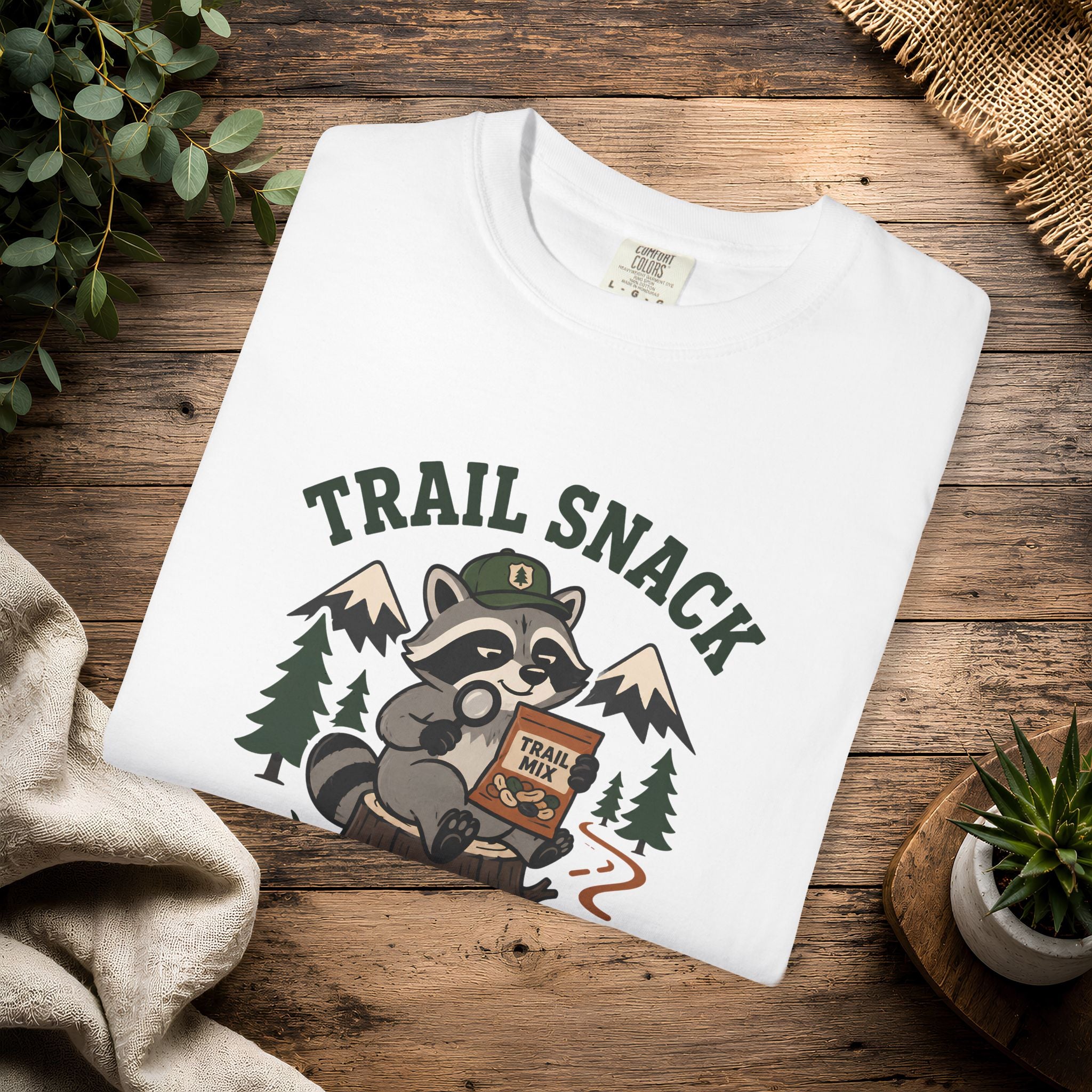 Trail Snack Inspector T-Shirt — Cute Raccoon Hiking Graphic Tee for Outdoor Lovers