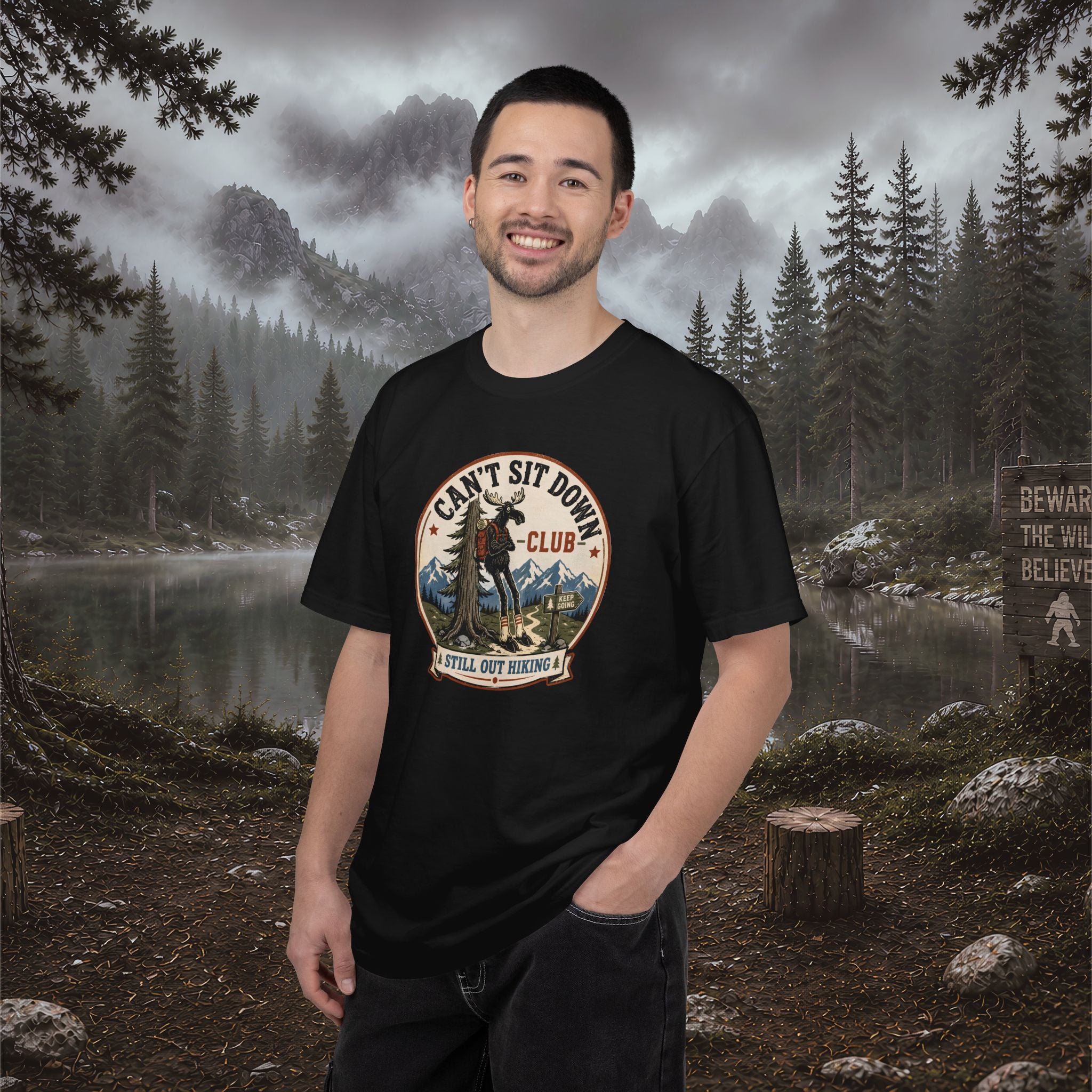 Hugag Hiking Tee — "Can't Sit Down Club" Vintage Mountain Cryptid Shirt