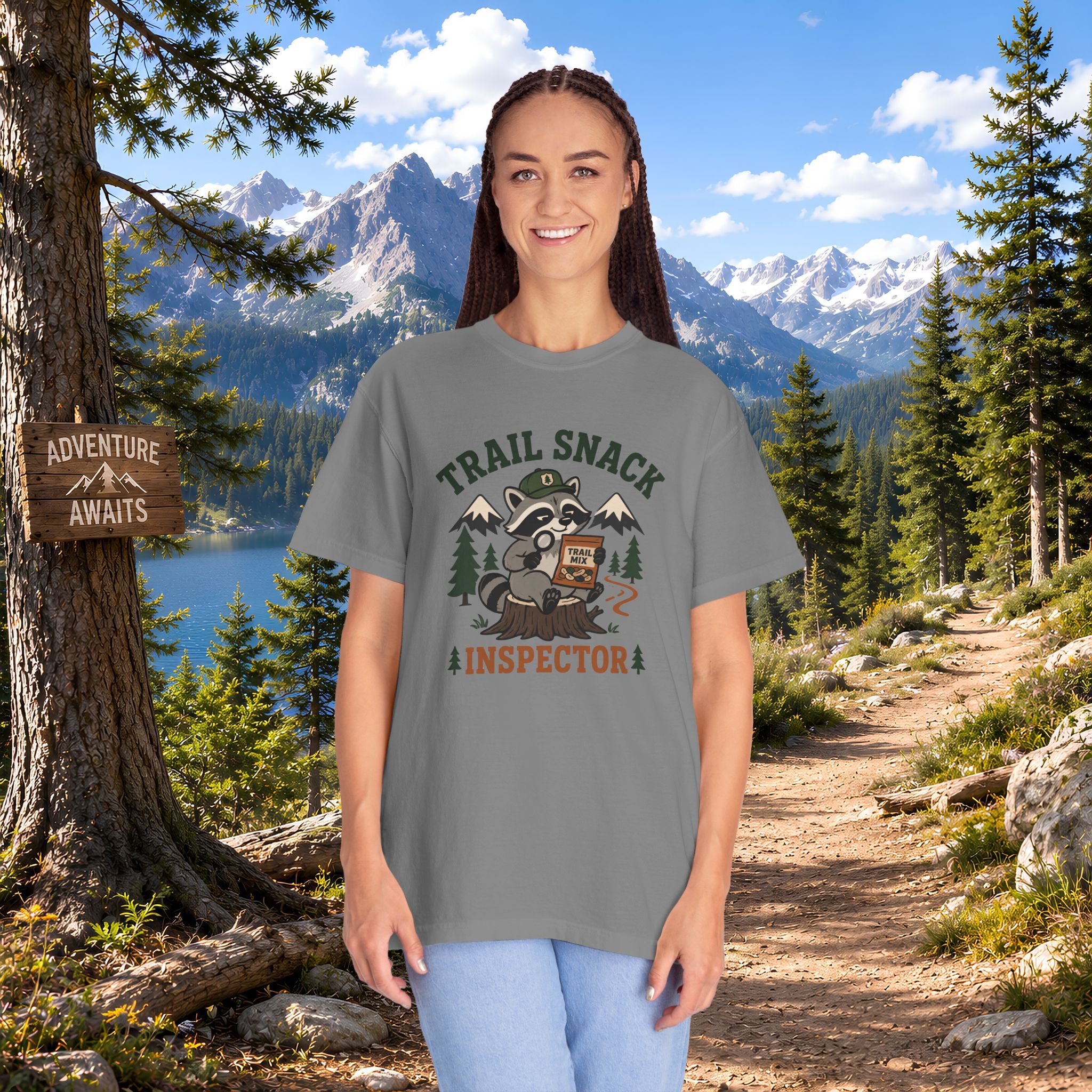 Trail Snack Inspector T-Shirt — Cute Raccoon Hiking Graphic Tee for Outdoor Lovers