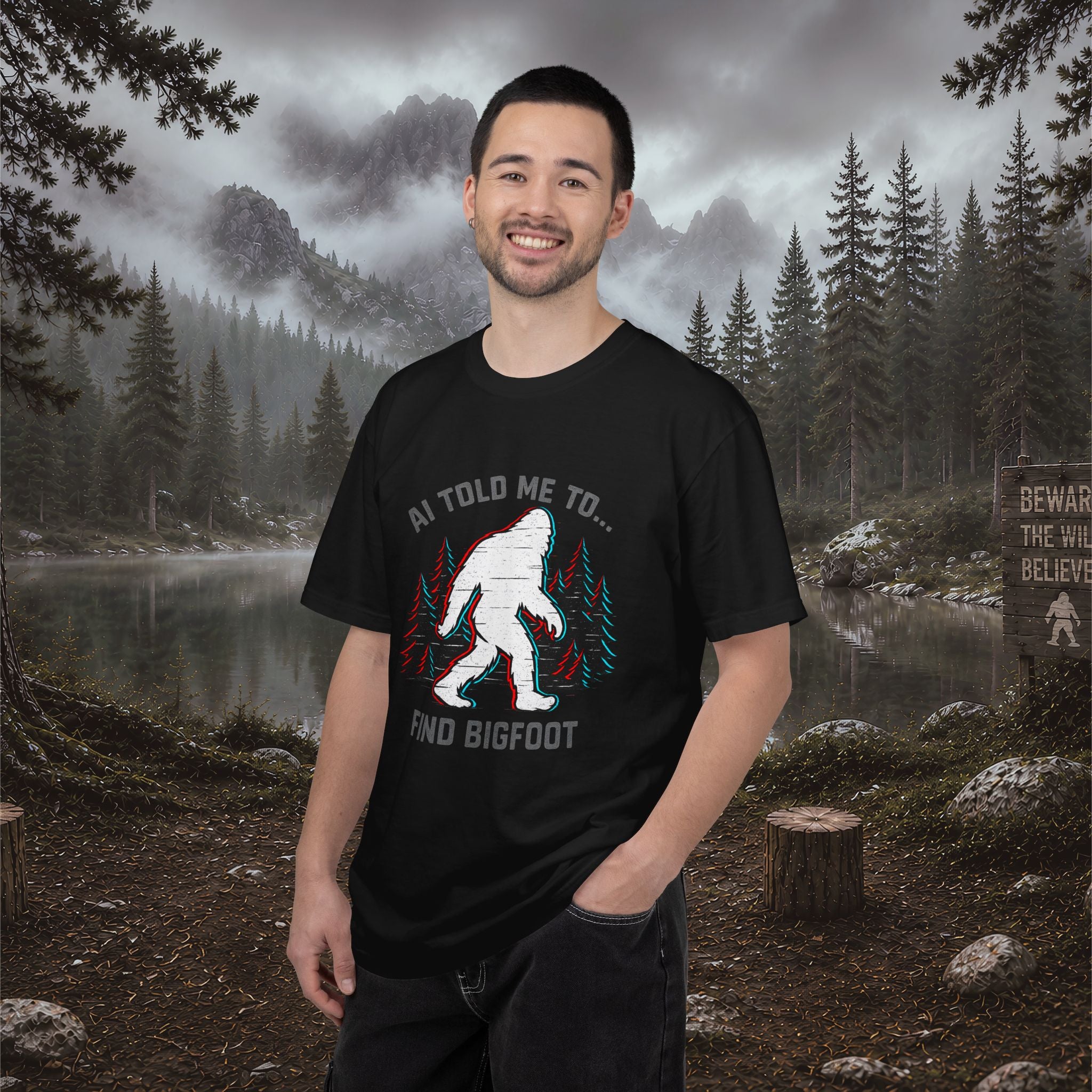 AI Told Me to Find Bigfoot T-Shirt | Bigfoot Sasquatch Forest Graphic