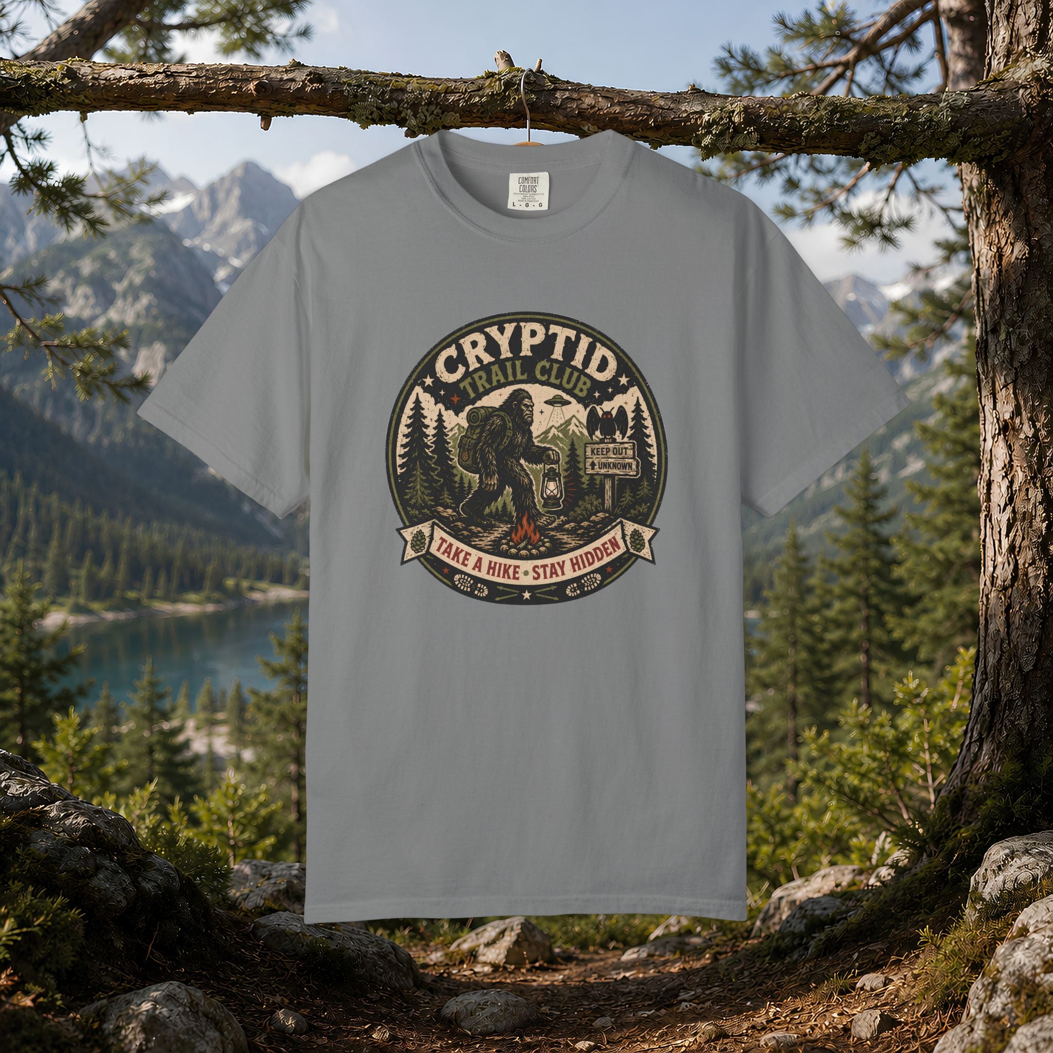 Cryptid Trail Club T-Shirt — "Take a Hike, Stay Hidden" Outdoor Sasquatch Tee