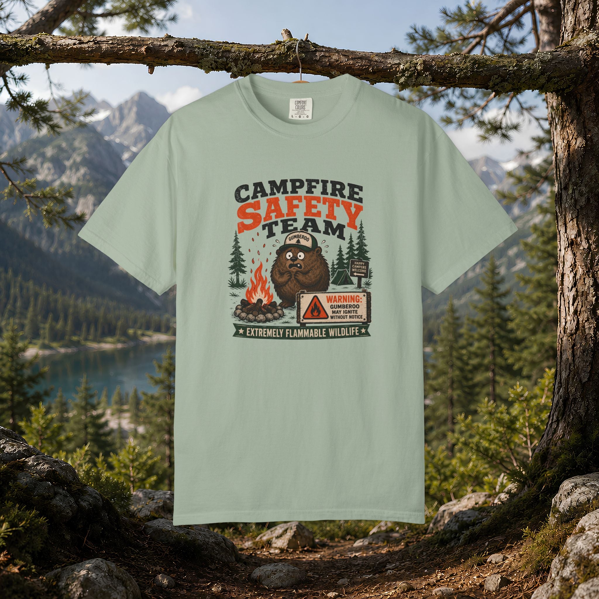 Gumberoo Campfire Safety Tee — Bear Cryptid Patch Graphic