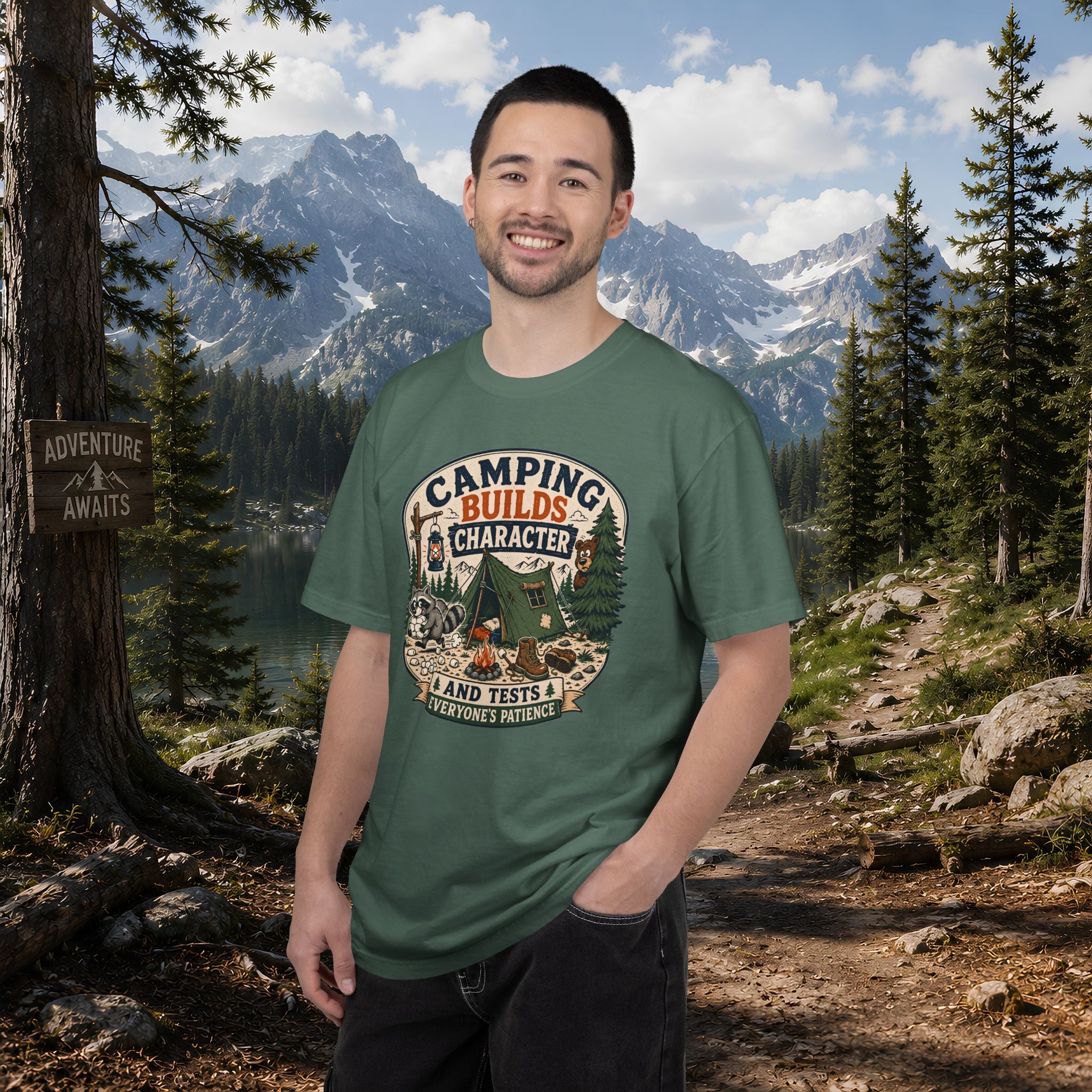 Camping Builds Character T-Shirt — Vintage Tent, Forest & Campfire Outdoor Tee