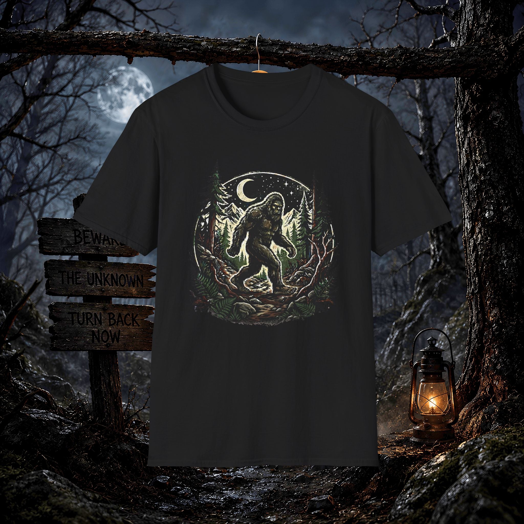 Bigfoot Forest Moon T-Shirt | Sasquatch Night Hiking Design